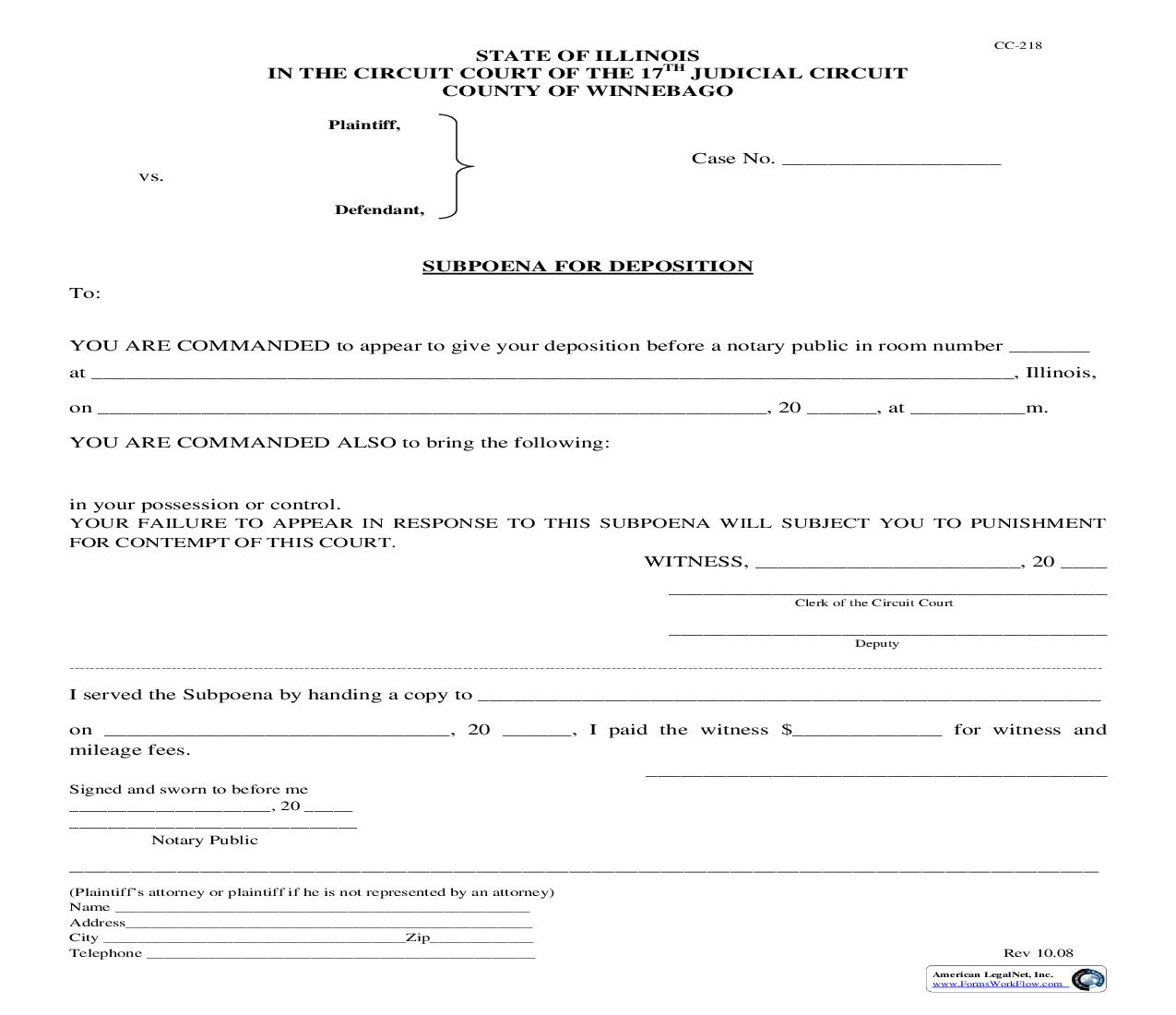 Subpoena For Deposition {CC-218} | Pdf Fpdf Doc Docx | Illinois