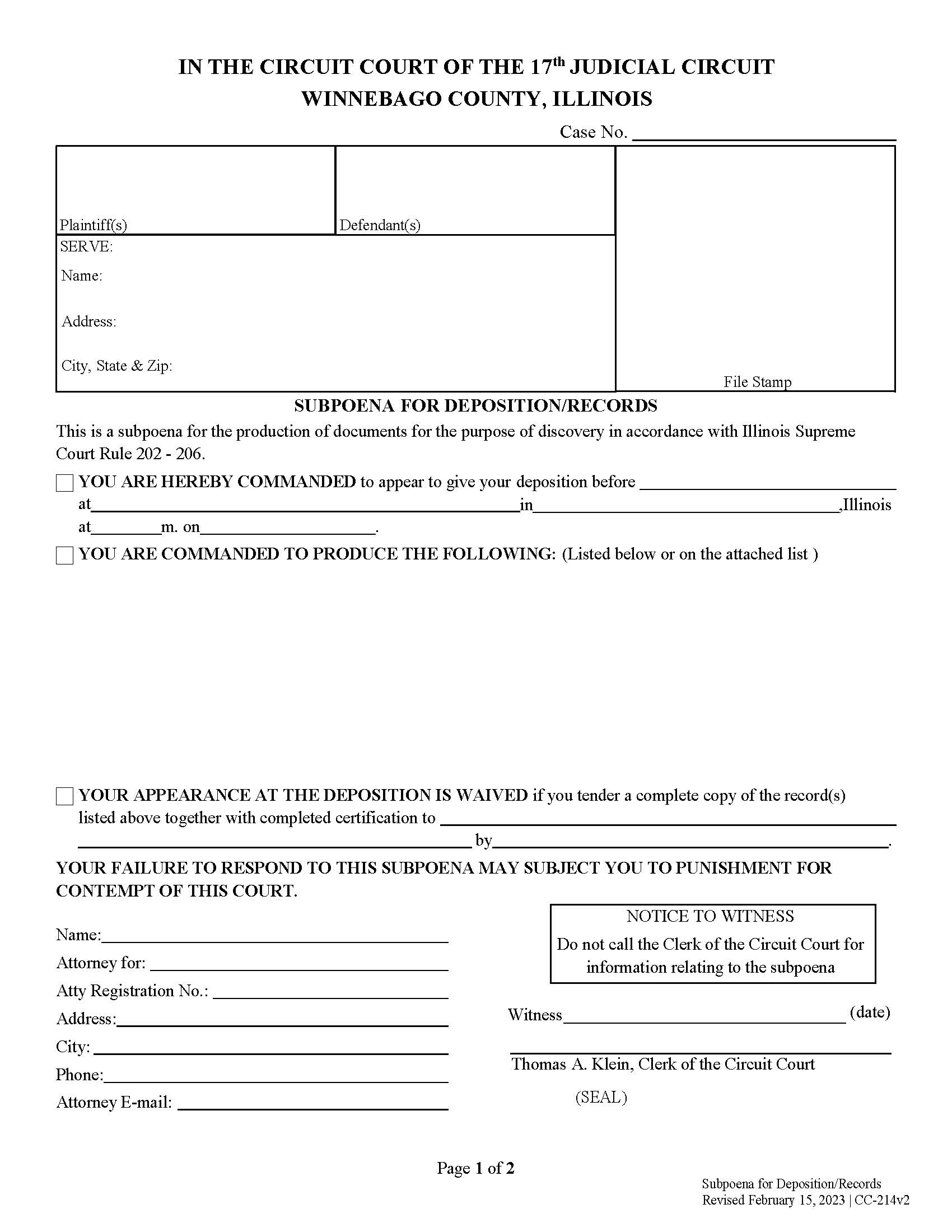 Subpoena For Deposition - For Records Only {CC-214} | Pdf Fpdf Doc Docx | Illinois