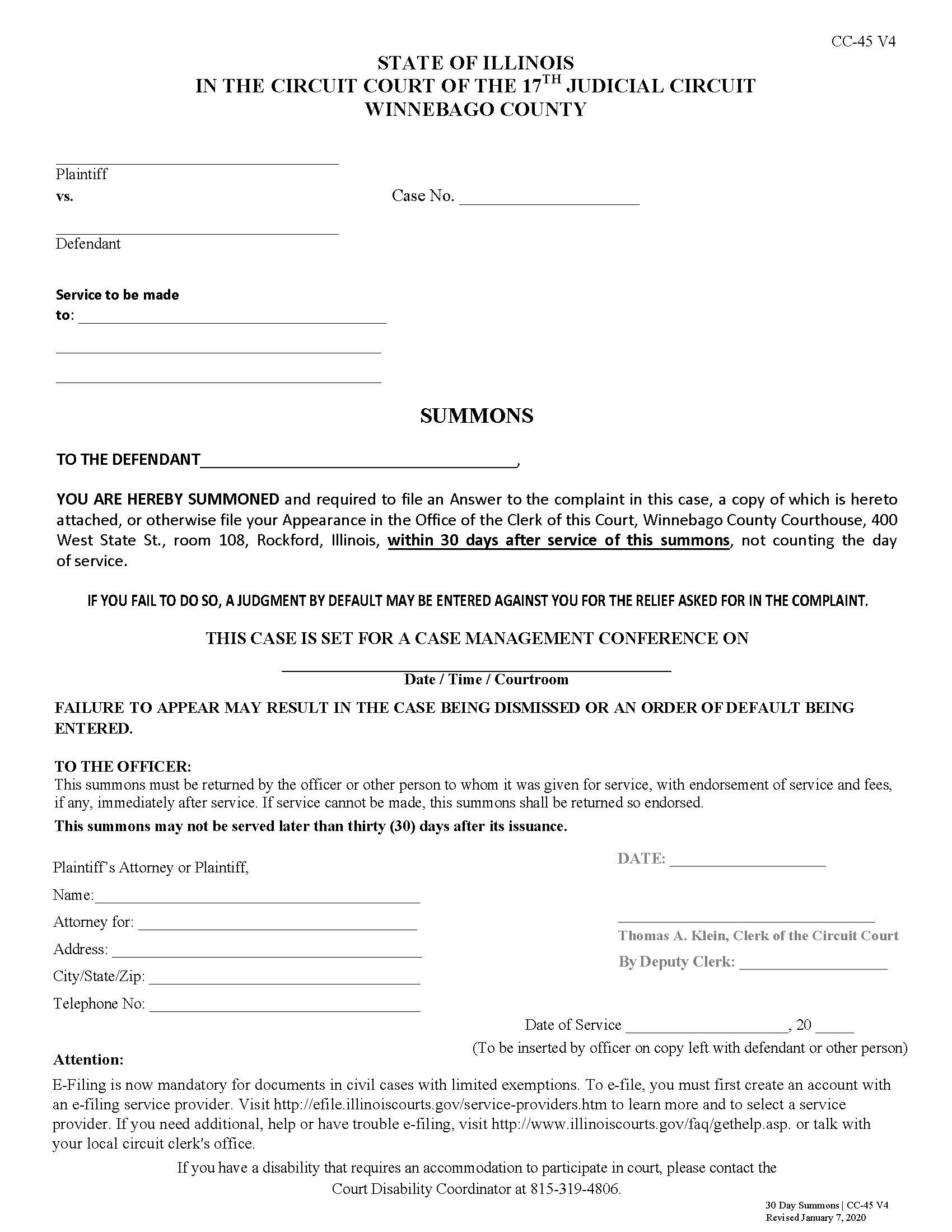 Summons (30 Day) {CC-45} | Pdf Fpdf Doc Docx | Illinois
