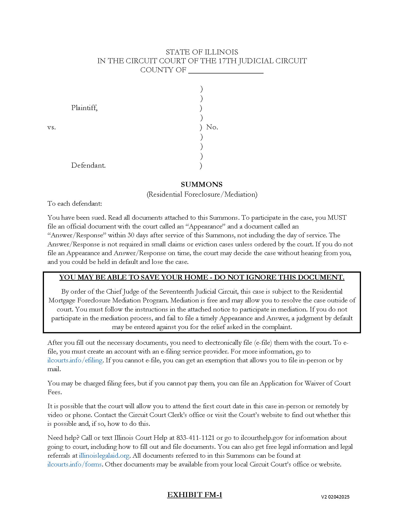Summons (Residential Foreclosure Mediation) {FM-1} | Pdf Fpdf Docx | Illinois