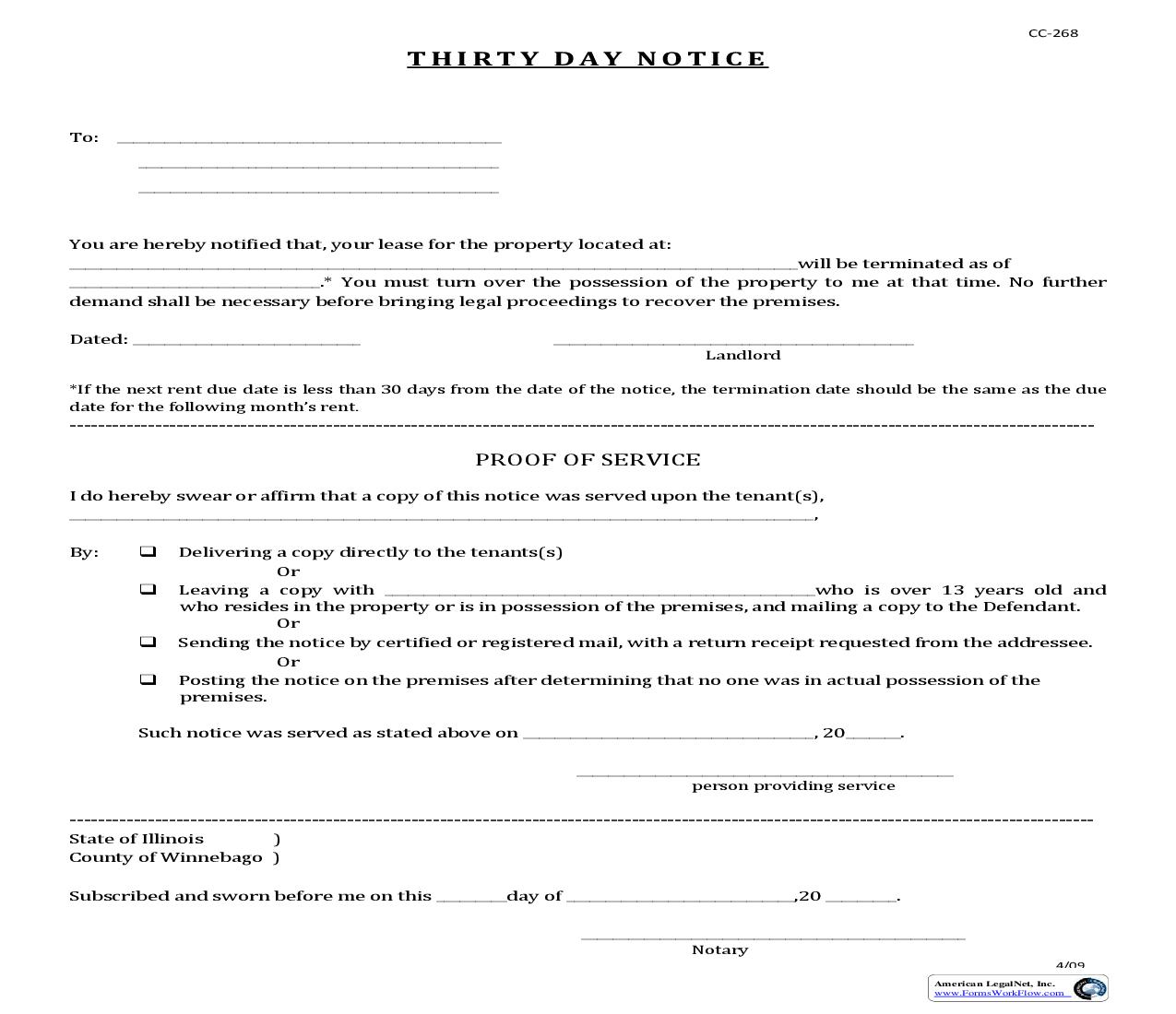 Thirty Day Notice {CC-268} | Pdf Fpdf Doc Docx | Illinois