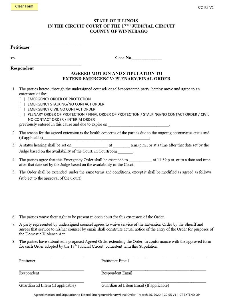 Agreed Motion And Stipulation To Extend Emergency-Plenary Order {CC-95} | Pdf Fpdf Docx | Illinois
