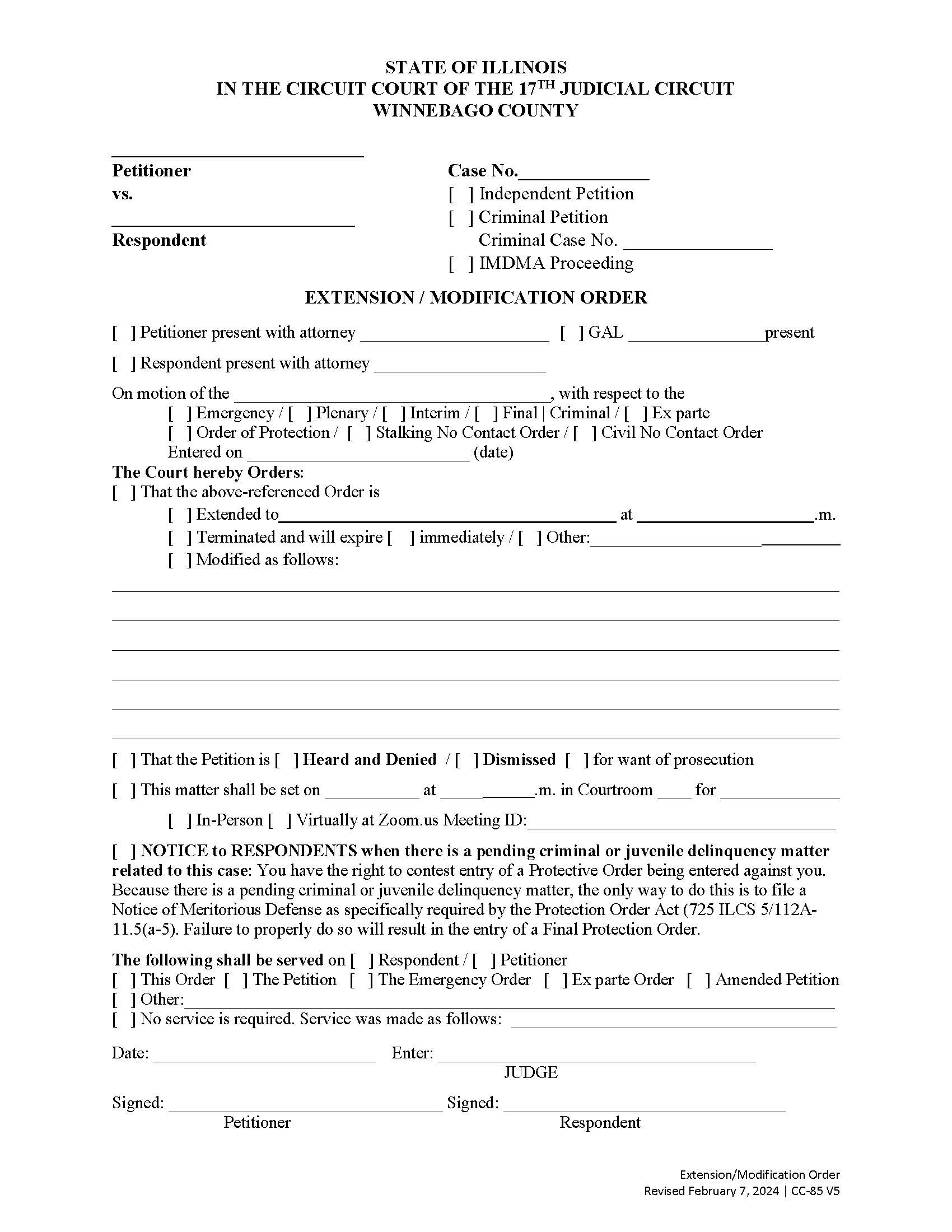 Extension-Modification Order (OOP) {CC-85 V5} | Pdf Fpdf Docx | Illinois