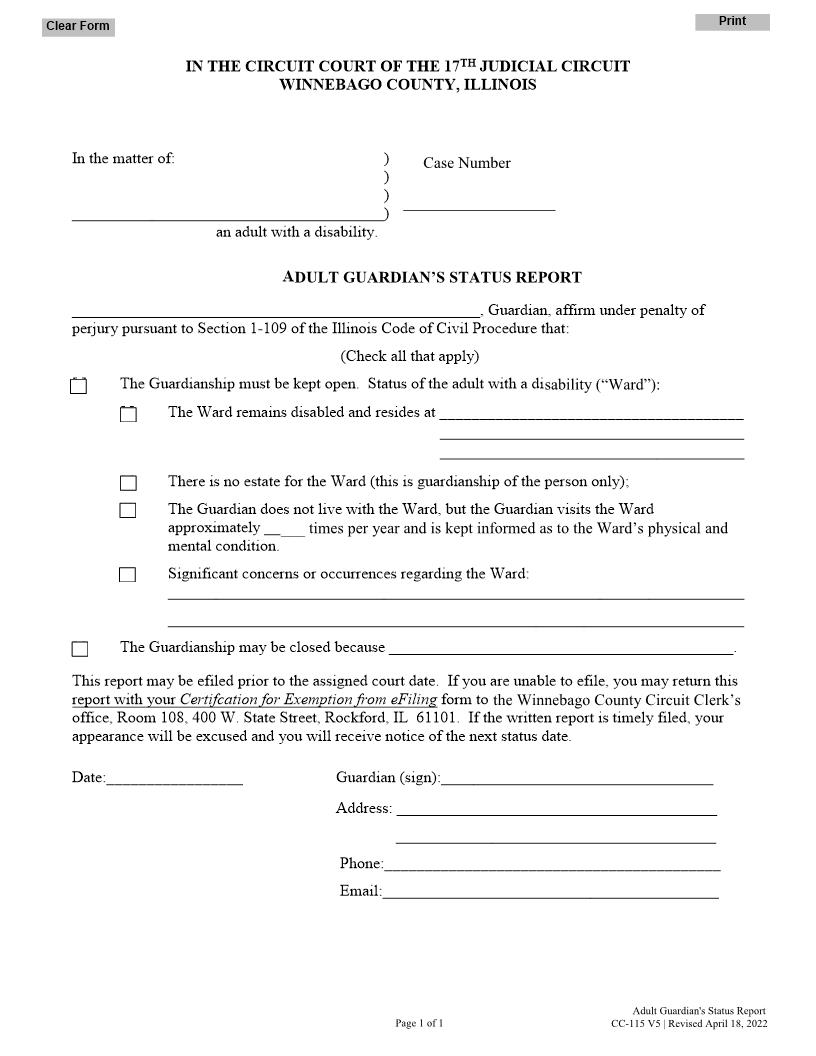 Adult Guardians Status Report {CC-115} | Pdf Fpdf Docx | Illinois