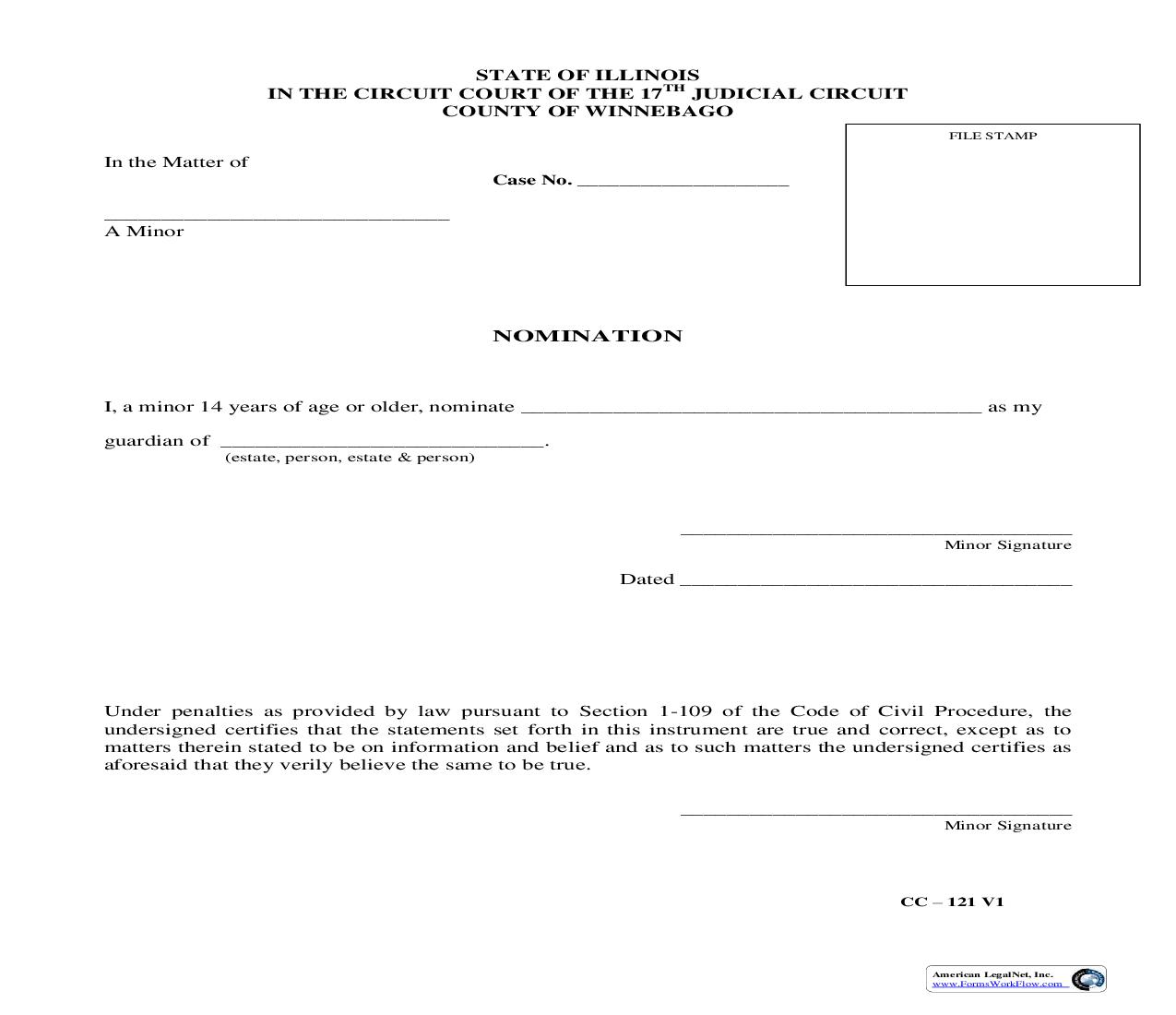 Nomination (Of Guardian By Minor) {CC-121} | Pdf Fpdf Doc Docx | Illinois