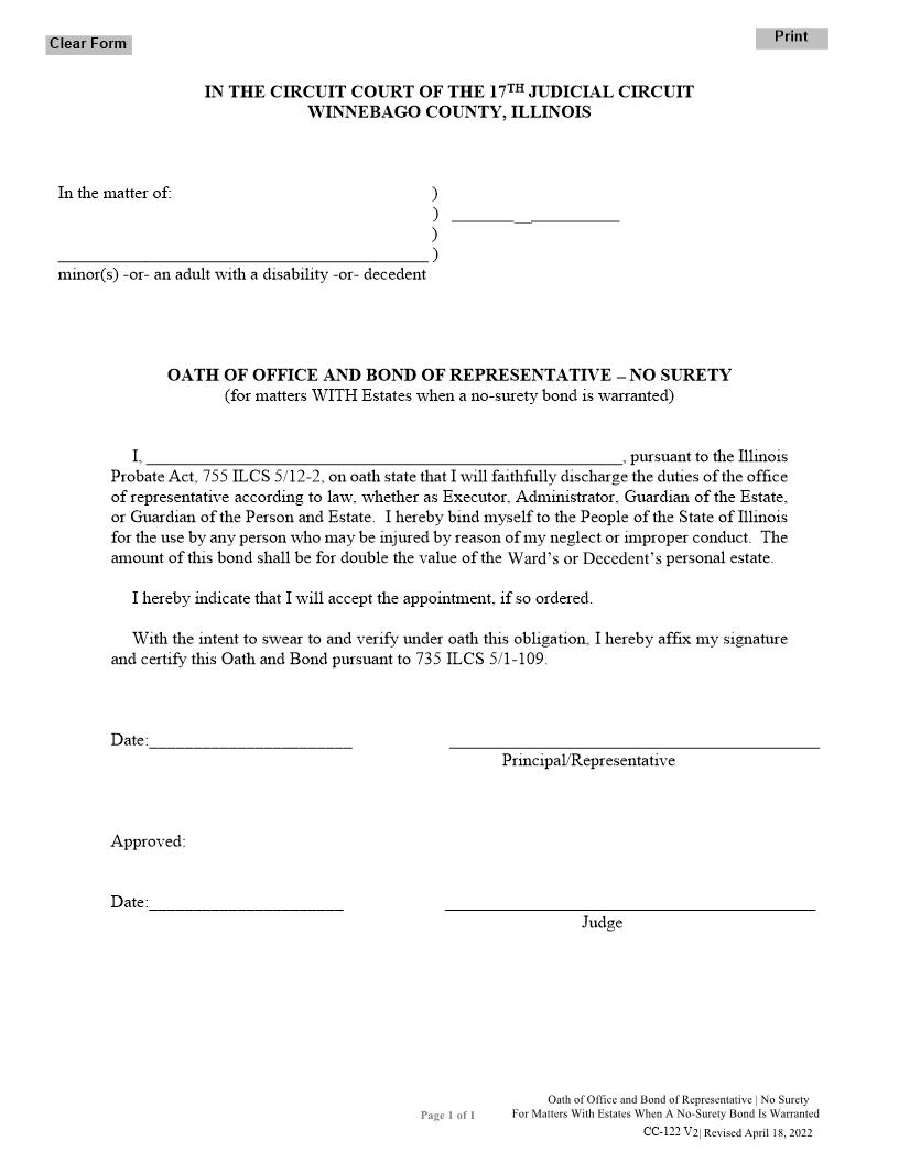 Oath Of Office And Bond Of Representative - No Surety {CC-122 V2} | Pdf Fpdf Docx | Illinois