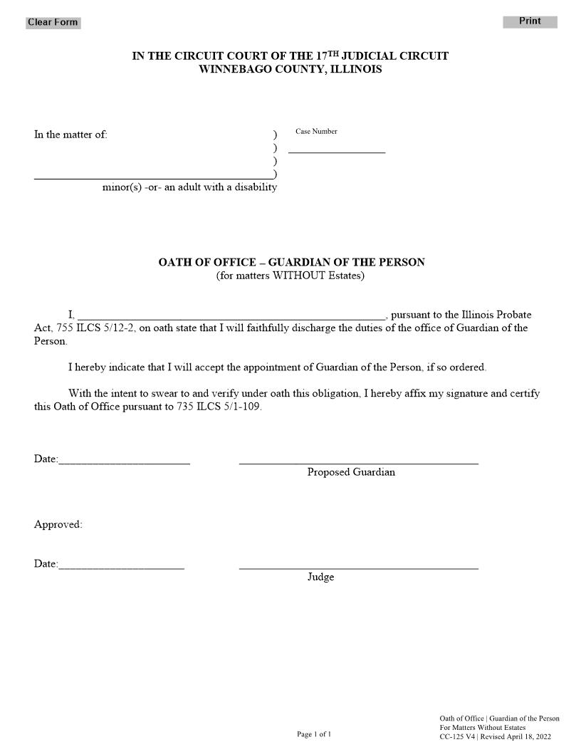 Oath Of Office Guardian Of The Person {CC-125 V4} | Pdf Fpdf Docx | Illinois