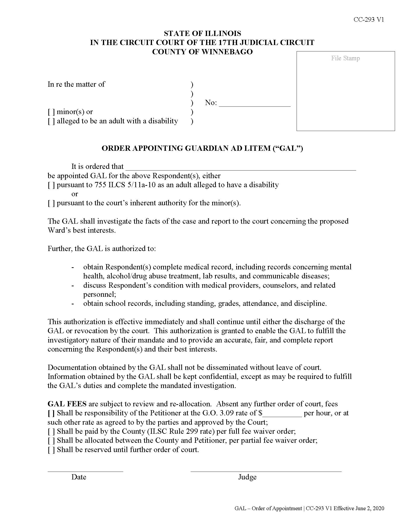 Order Appointing Guardian Ad Litem {CC-293} | Pdf Fpdf Doc Docx | Illinois