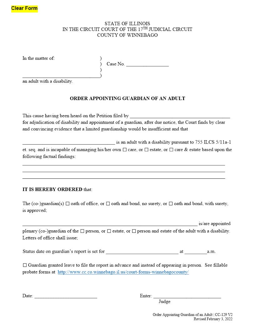 Order Appointing Guardian Of An Adult {CC-129 V2} | Pdf Fpdf Docx | Illinois