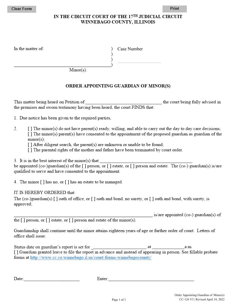 Order Appointing Guardian Of Minor(s) {CC-126 V3} | Pdf Fpdf Docx | Illinois