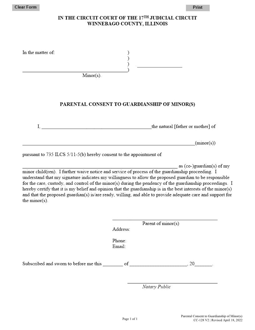 Parental Consent To Guardianship Of Minor(s) {CC-128 V2} | Pdf Fpdf Docx | Illinois