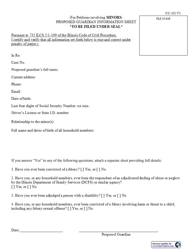 Proposed Guardian Information Sheet (Minors) {CC-101} | Pdf Fpdf Docx | Illinois