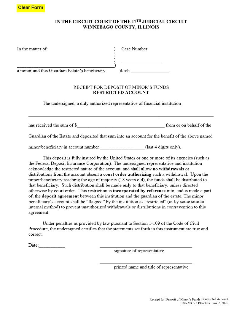 Receipt For Deposit Of Minors Funds Restricted Account {CC-294} | Pdf Fpdf Docx | Illinois