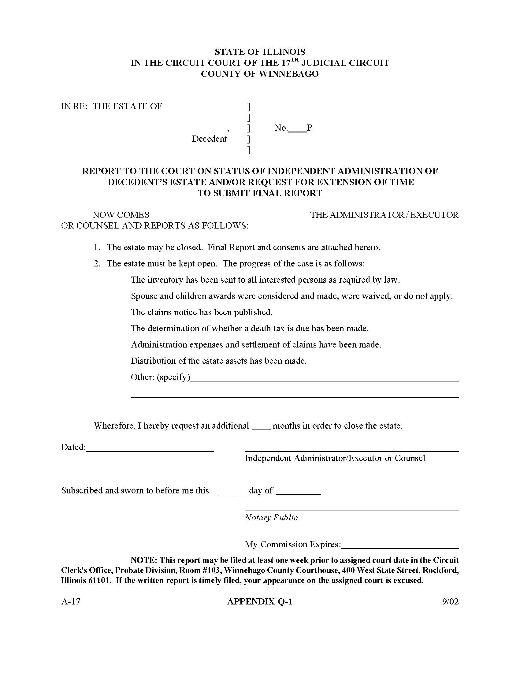 Report On Status Of Independent Administration Request For Extension {Appendix Q-1} | Pdf Fpdf Docx | Illinois