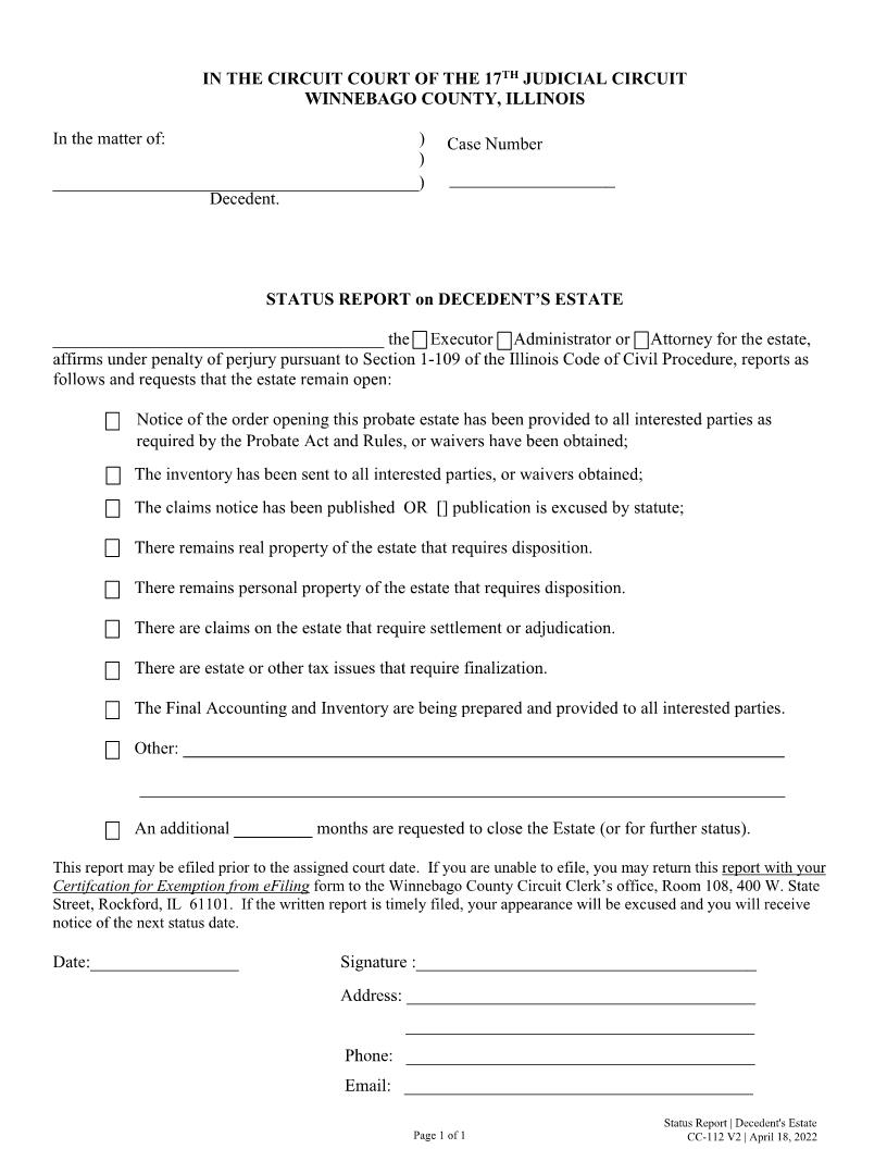 Status Report On Decedents Estate {CC-112} | Pdf Fpdf Docx | Illinois
