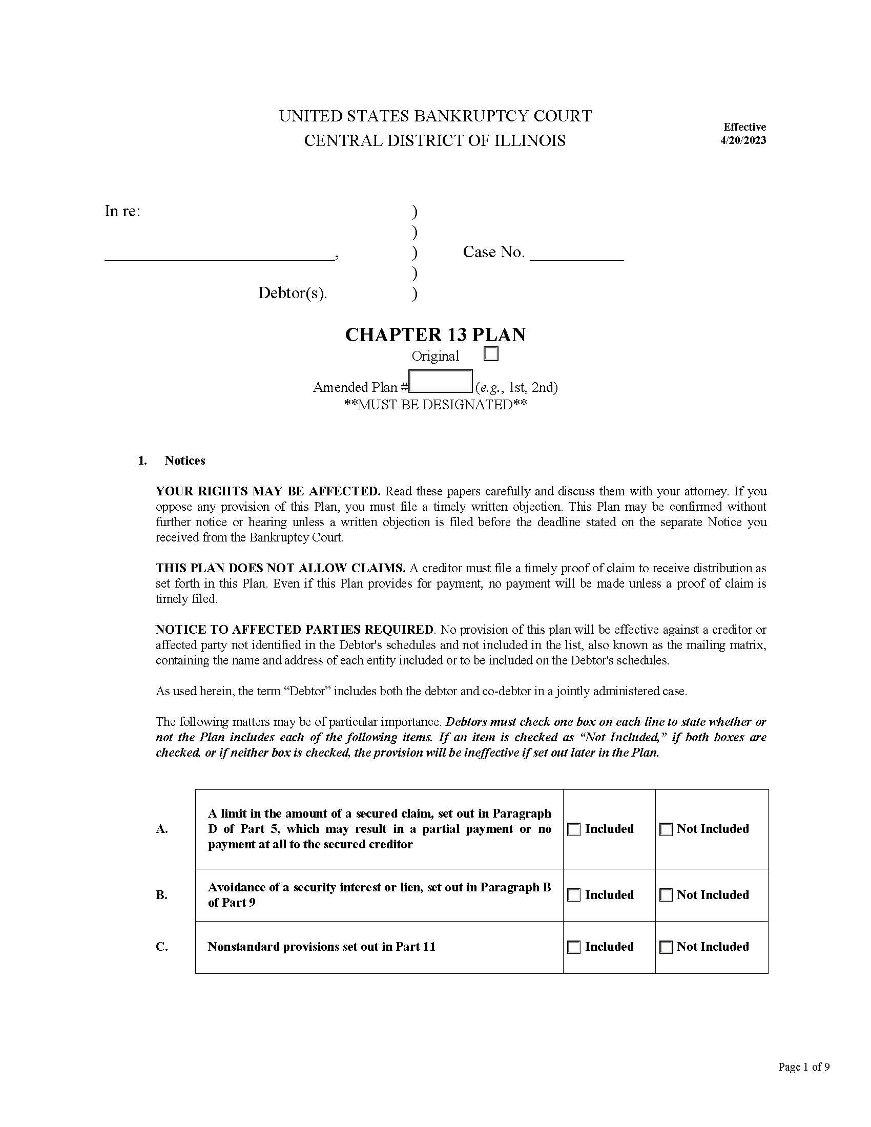 Chapter 13 Plan {ILCB CH13P} | Pdf Fpdf Docx | Illinois
