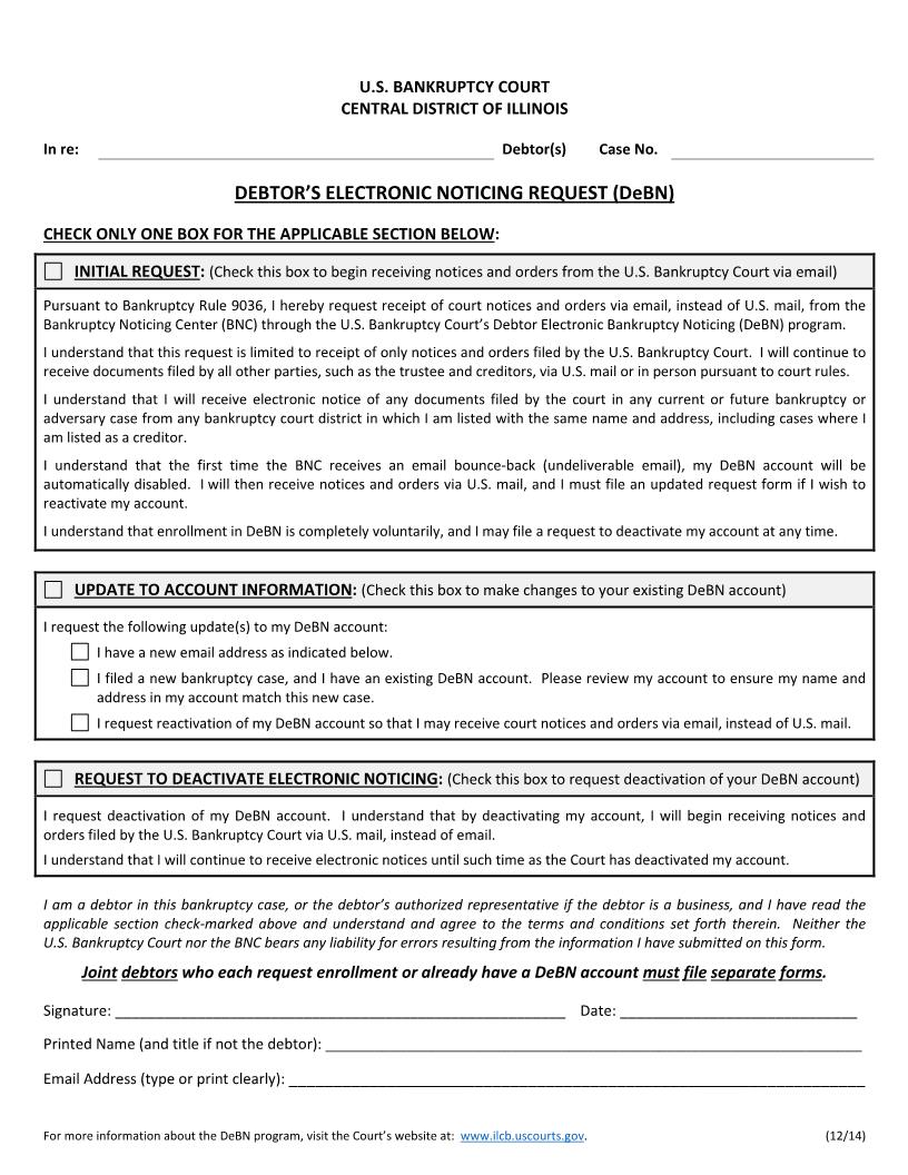 Debtors Electronic Noticing Request (DeBN) {ILCB DEBN} | Pdf Fpdf Docx | Illinois