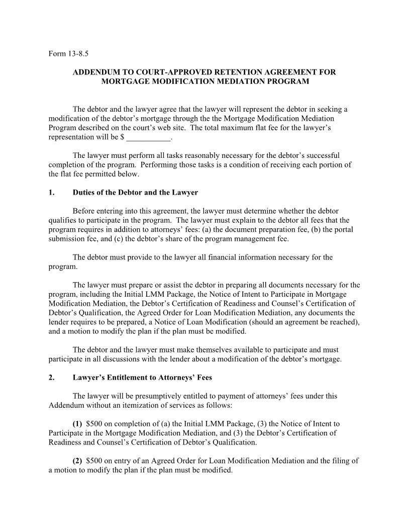 Addendum To Court-Approved Retention Agreement For Mortgage Modification Mediation Program {13-8.5} | Pdf Fpdf Docx | Illinois