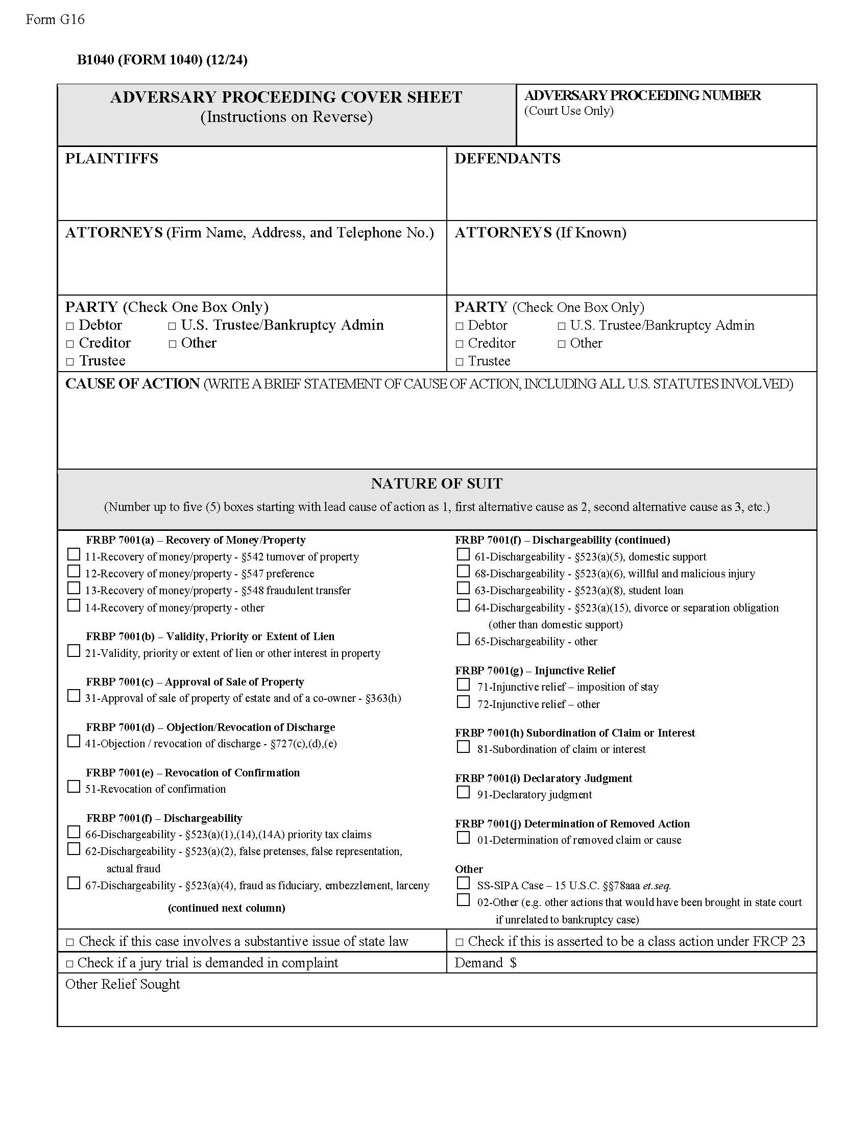 Adversary Proceeding Cover Sheet {G-16 1040} | Pdf Fpdf Docx | Illinois