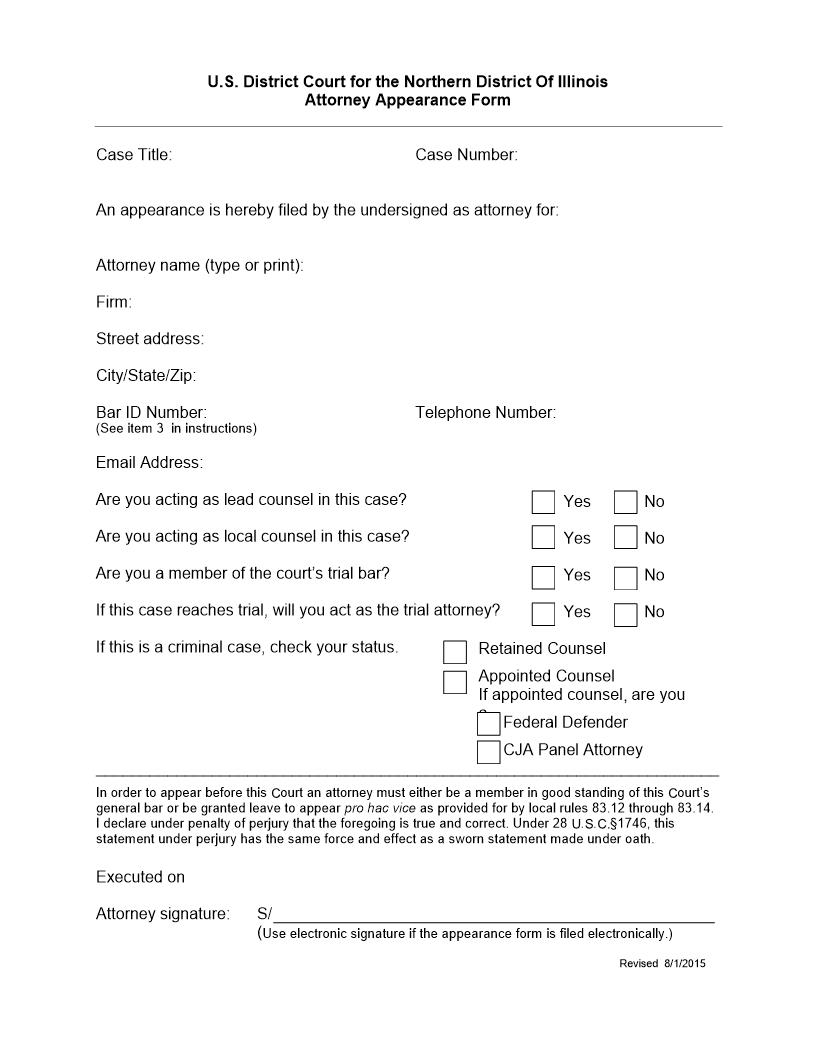 Attorney Appearance Form (DC Form Required To File ILNB Appearance) {G-1} | Pdf Fpdf Docx | Illinois