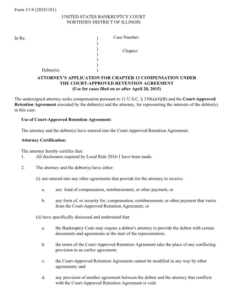 Attorneys Application Ch 13 Compensation CARA (Cases On Or After 4-20-15) {13-9} | Pdf Fpdf Docx | Illinois
