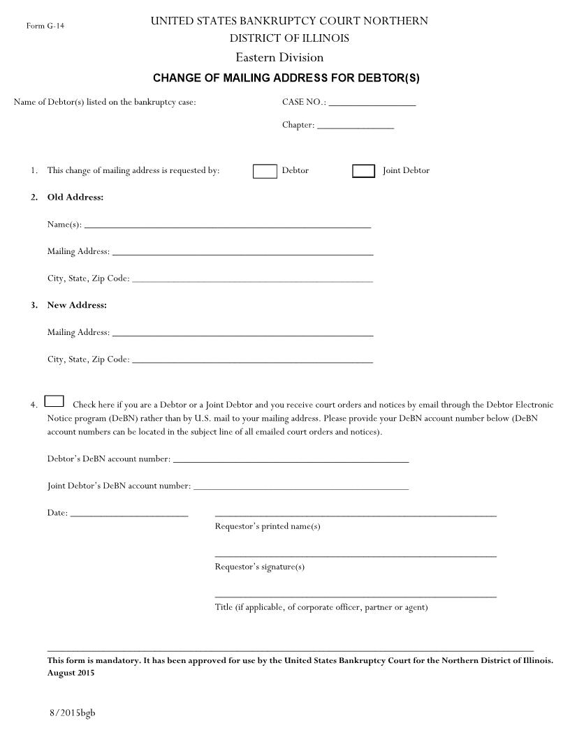 Change Of Mailing Address For Debtor(s) {G-14} | Pdf Fpdf Docx | Illinois