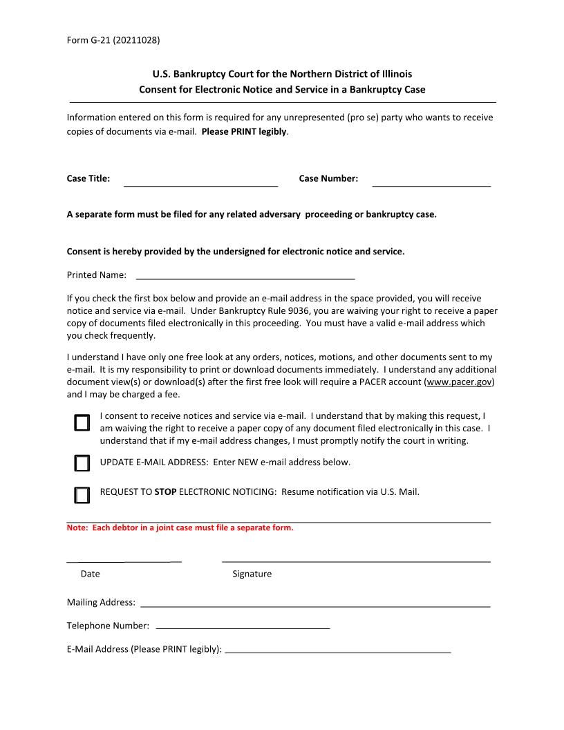 Consent For Electronic Notice And Service In A Bankruptcy Case {G-21} | Pdf Fpdf Docx | Illinois