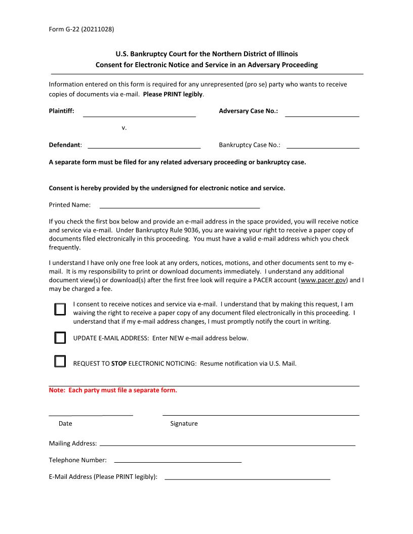 Consent For Electronic Notice And Service In An Adversary Proceeding {G-22} | Pdf Fpdf Docx | Illinois