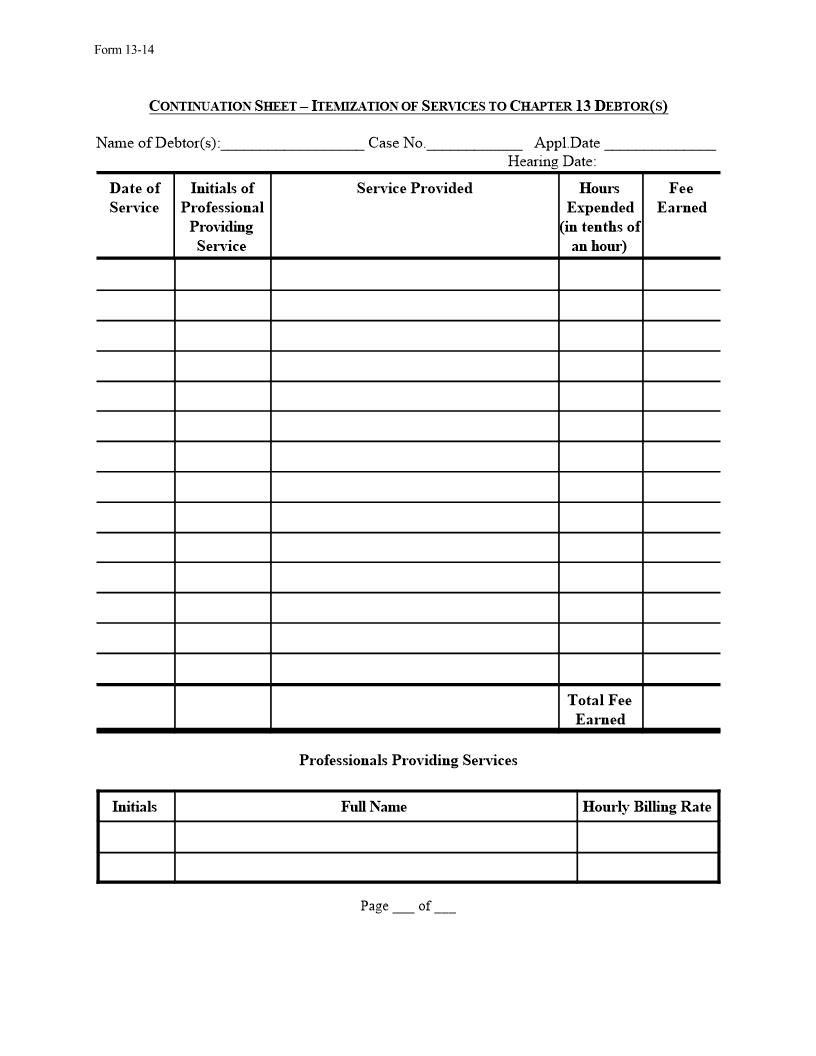 Continuation Sheet - Itemization Of Services Rendered To Chapter 13 Debtors {13-14} | Pdf Fpdf Docx | Illinois