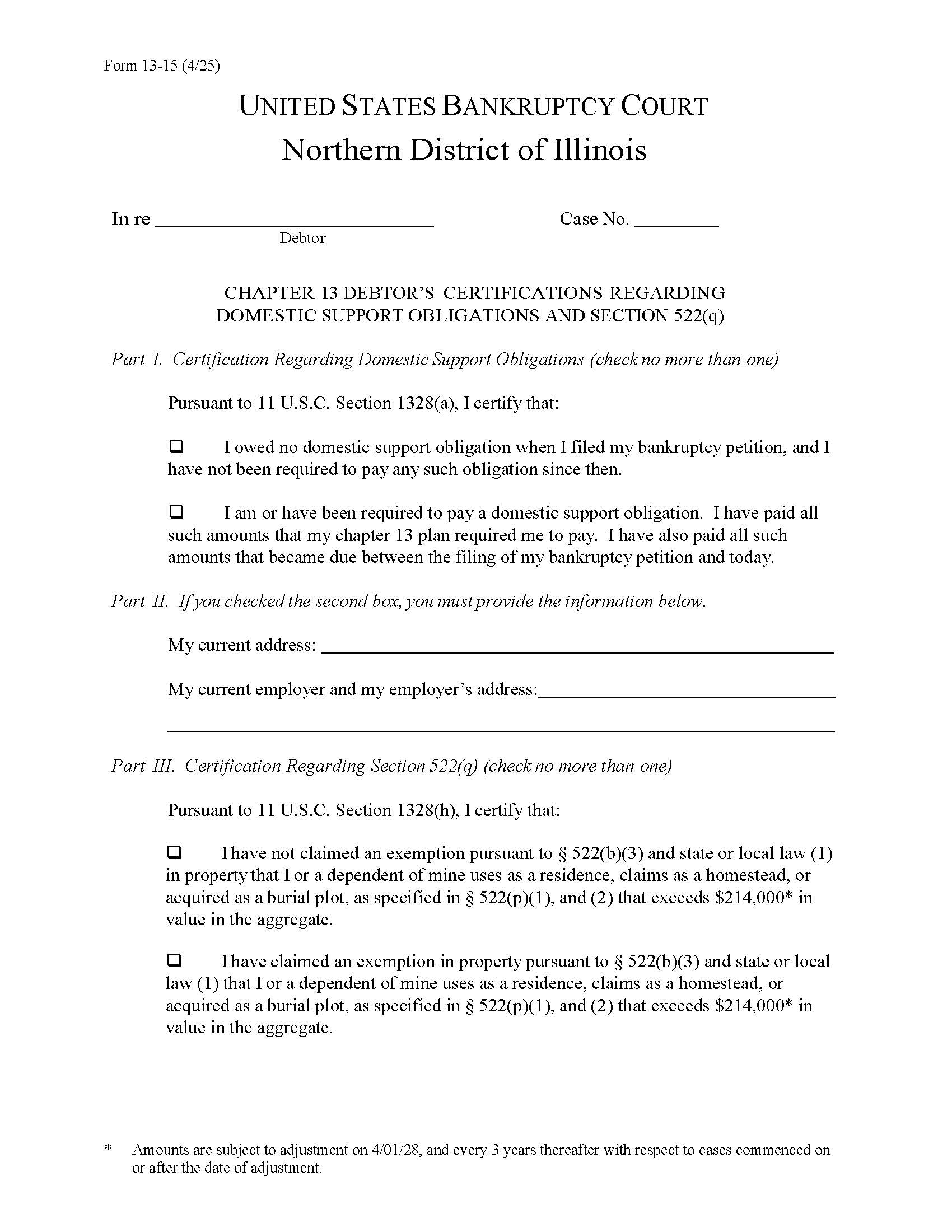 Debtors Certifications Regarding Domestic Support Obligations And Section 522(q) {13-15} | Pdf Fpdf Docx | Illinois