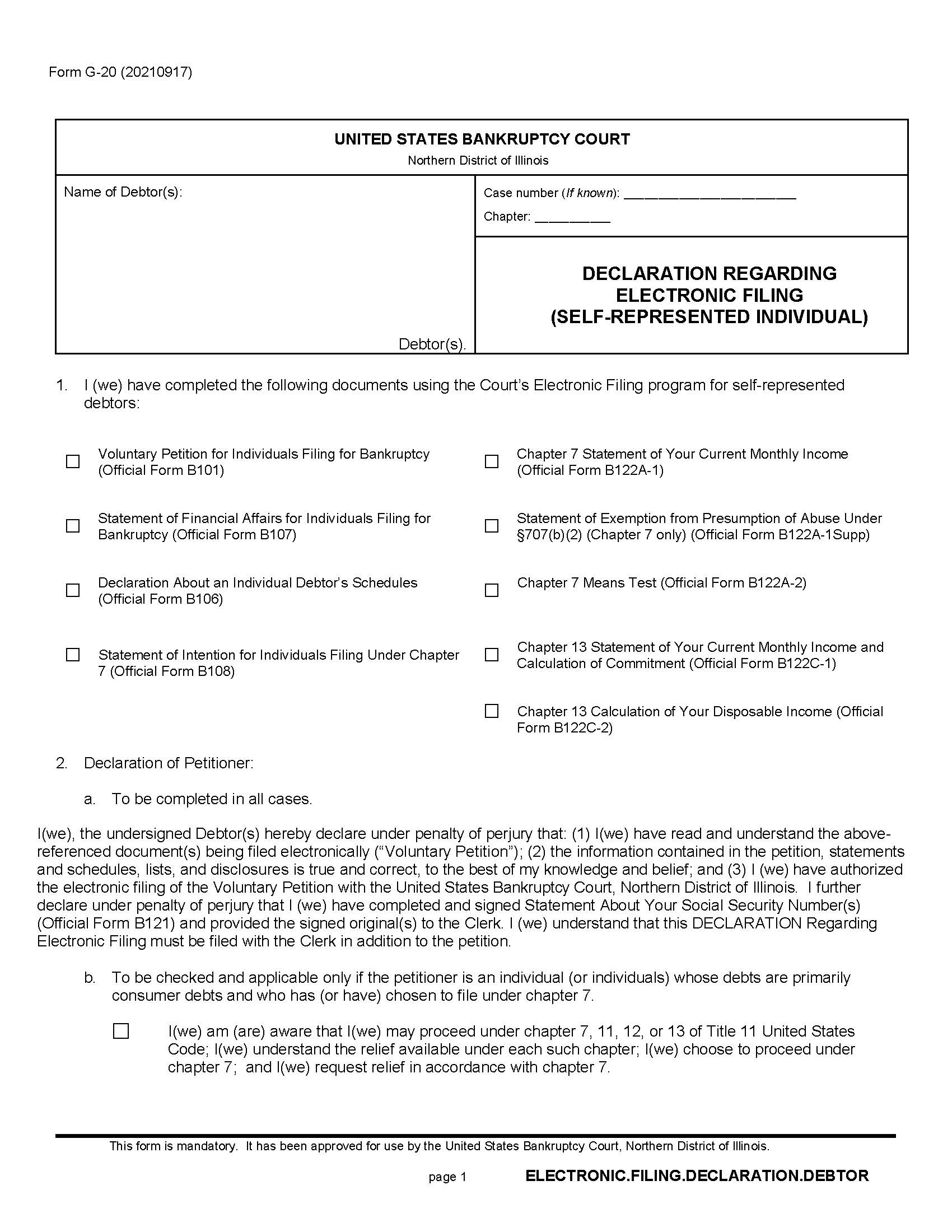 Declaration Reagarding Electronic Filing (Self-Represented Individual) {G-20} | Pdf Fpdf Docx | Illinois
