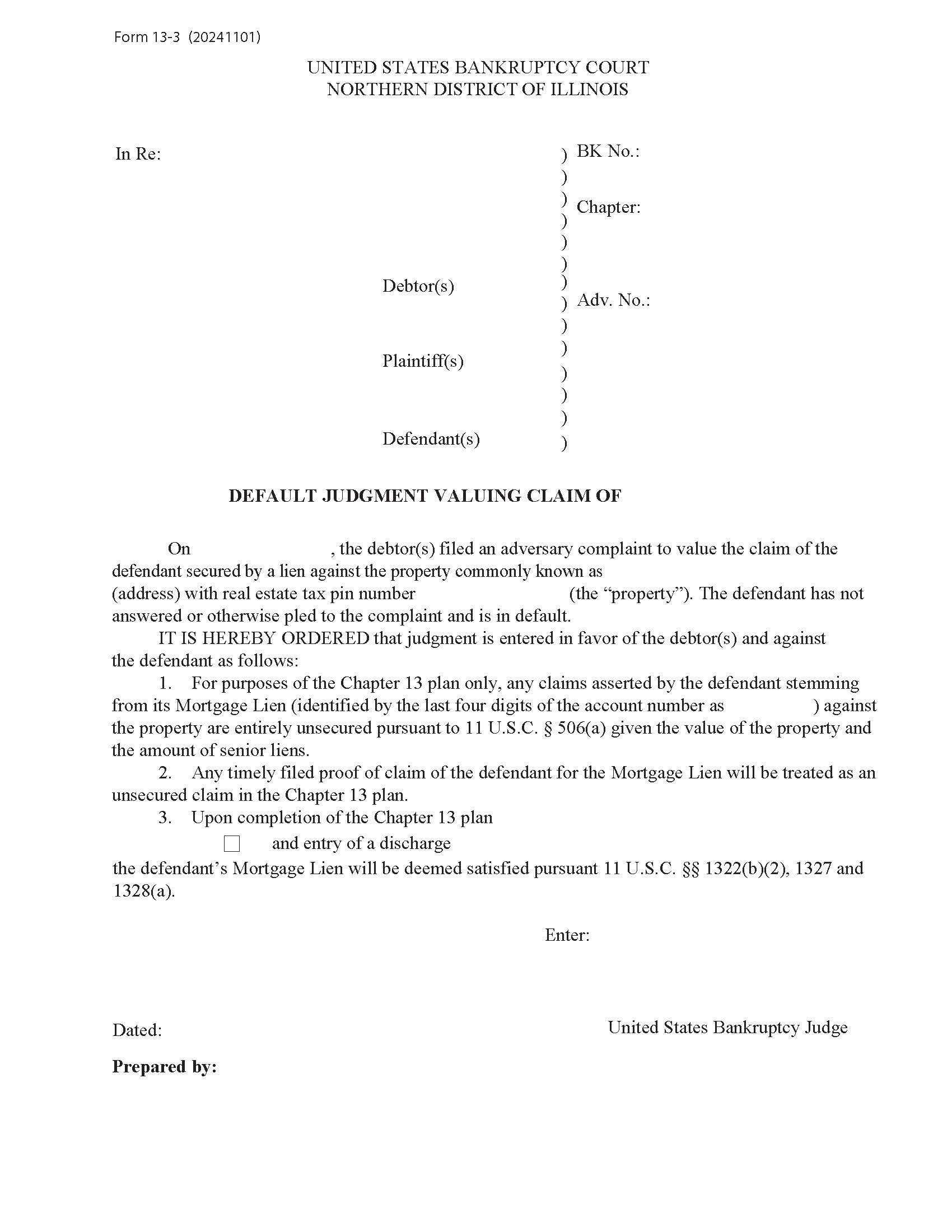 Default Judgment Valuing Claim Of Defendant {13-3} | Pdf Fpdf Docx | Illinois
