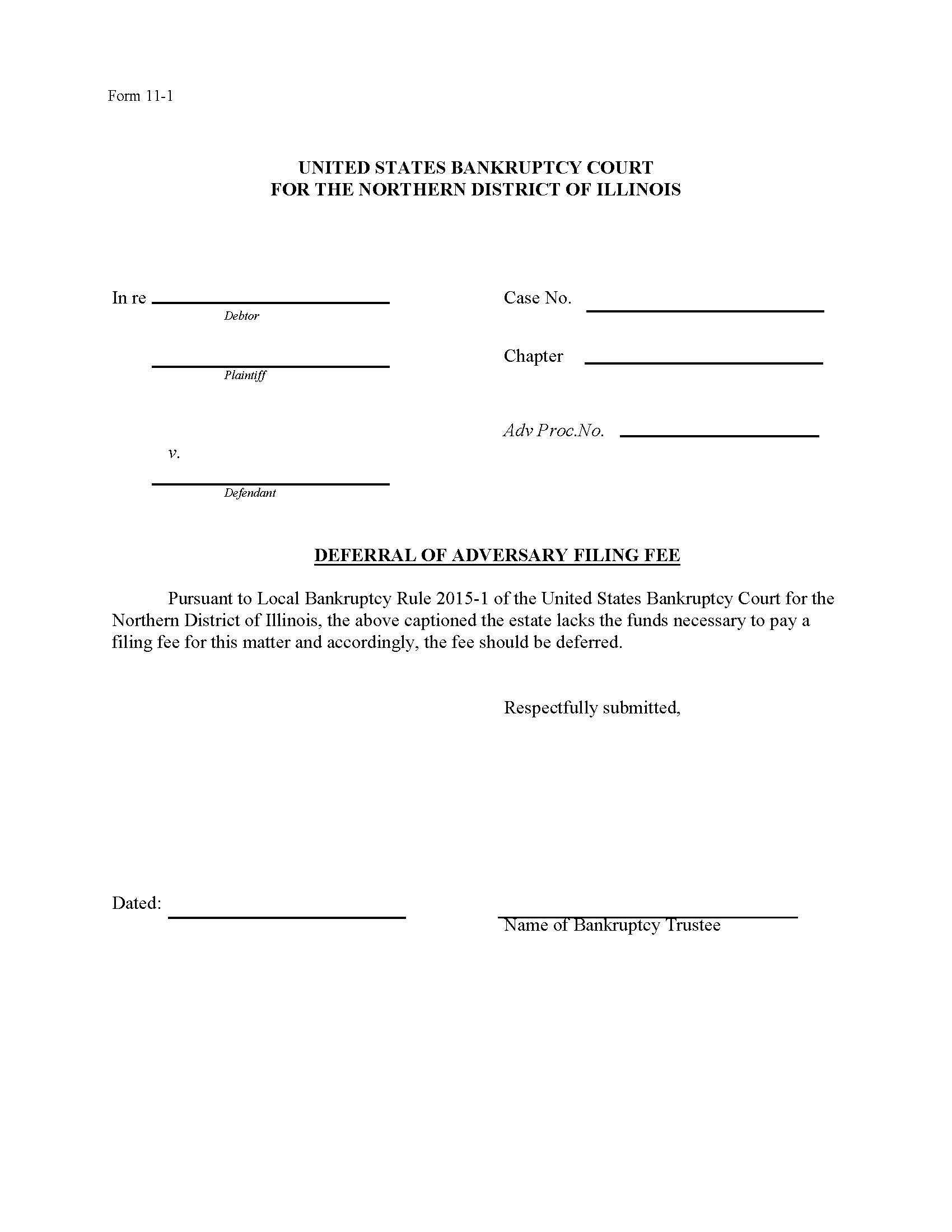 Deferral Of Adversary Filing Fee {11-1} | Pdf Fpdf Docx | Illinois