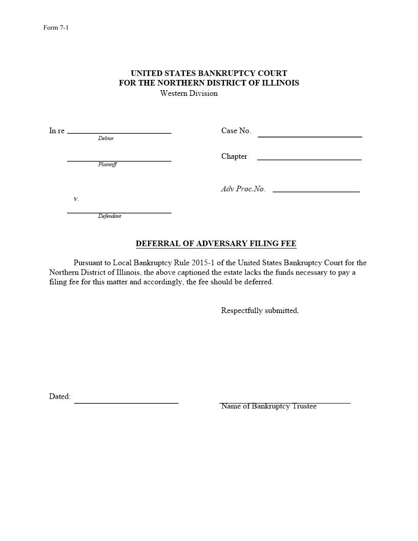 Deferral Of Adversary Filing Fee (Chapter 7) {7-1} | Pdf Fpdf Docx | Illinois