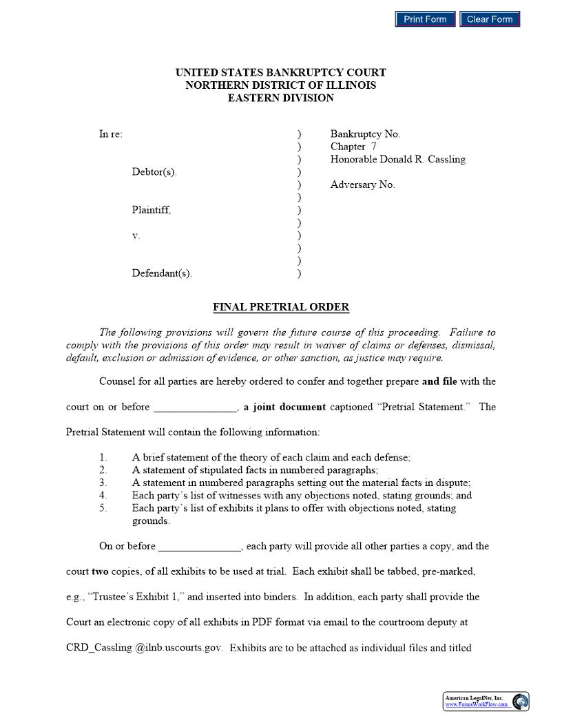 Final Pretrial Order (Judge Cassling) | Pdf Fpdf Docx | Illinois