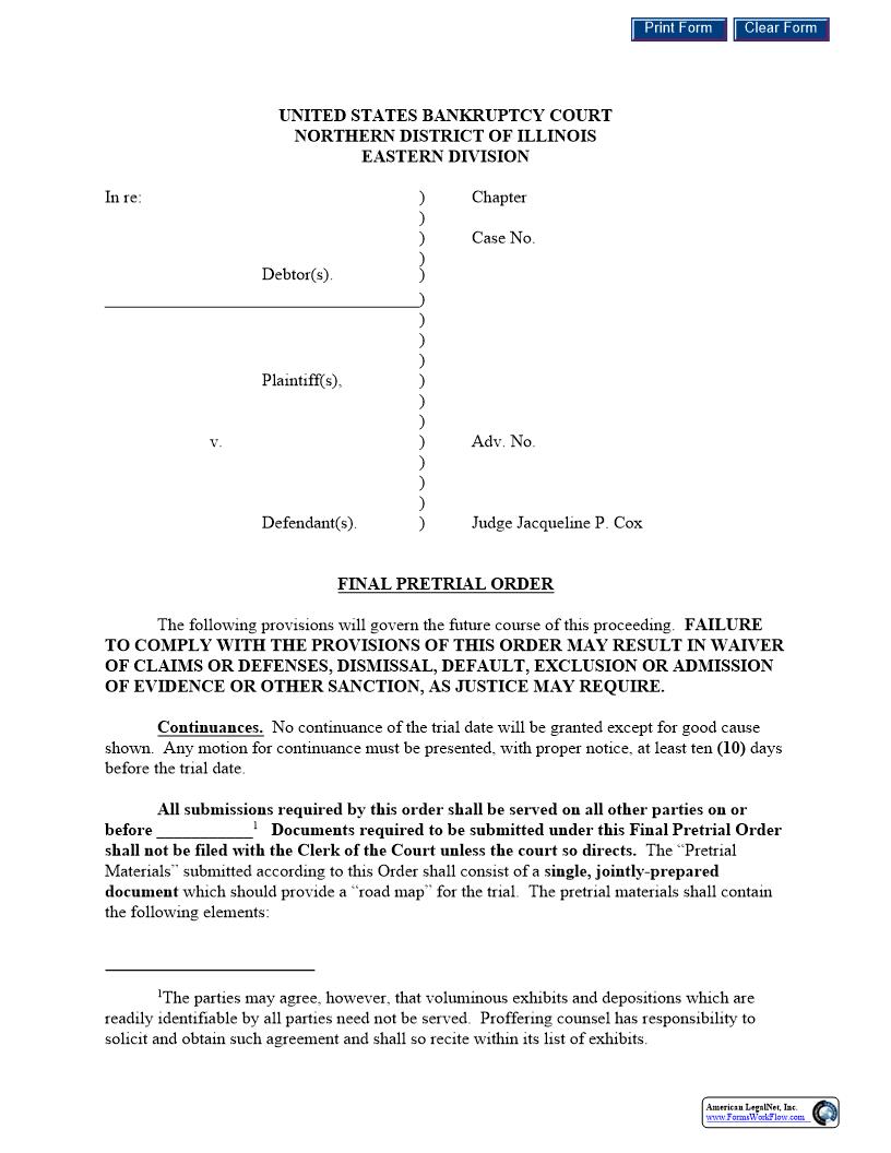 Final Pretrial Order (Judge Cox) | Pdf Fpdf Docx | Illinois