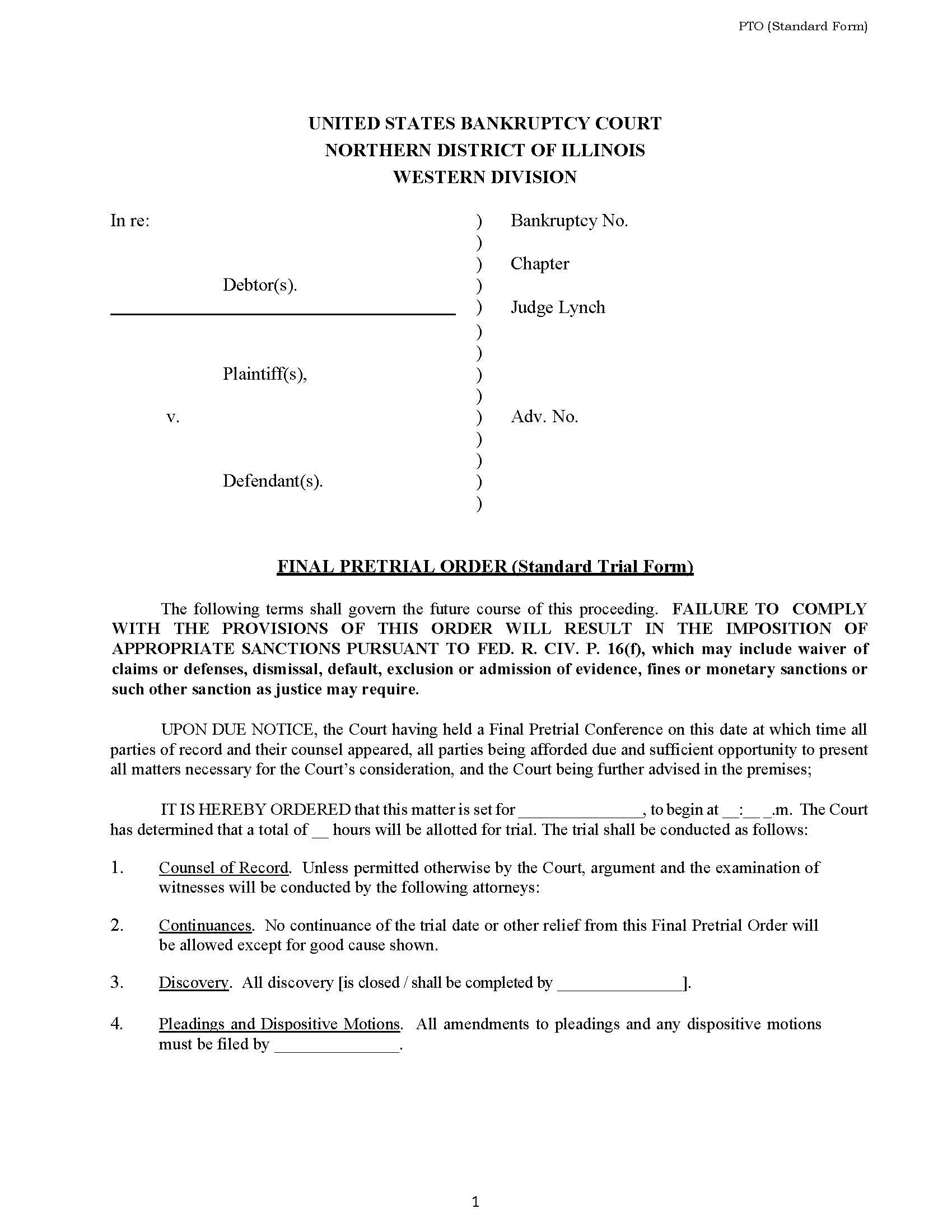 Final Pretrial Order (Standard Form - Judge Lynch) {ILNB FPOS-TML} | Pdf Fpdf Docx | Illinois