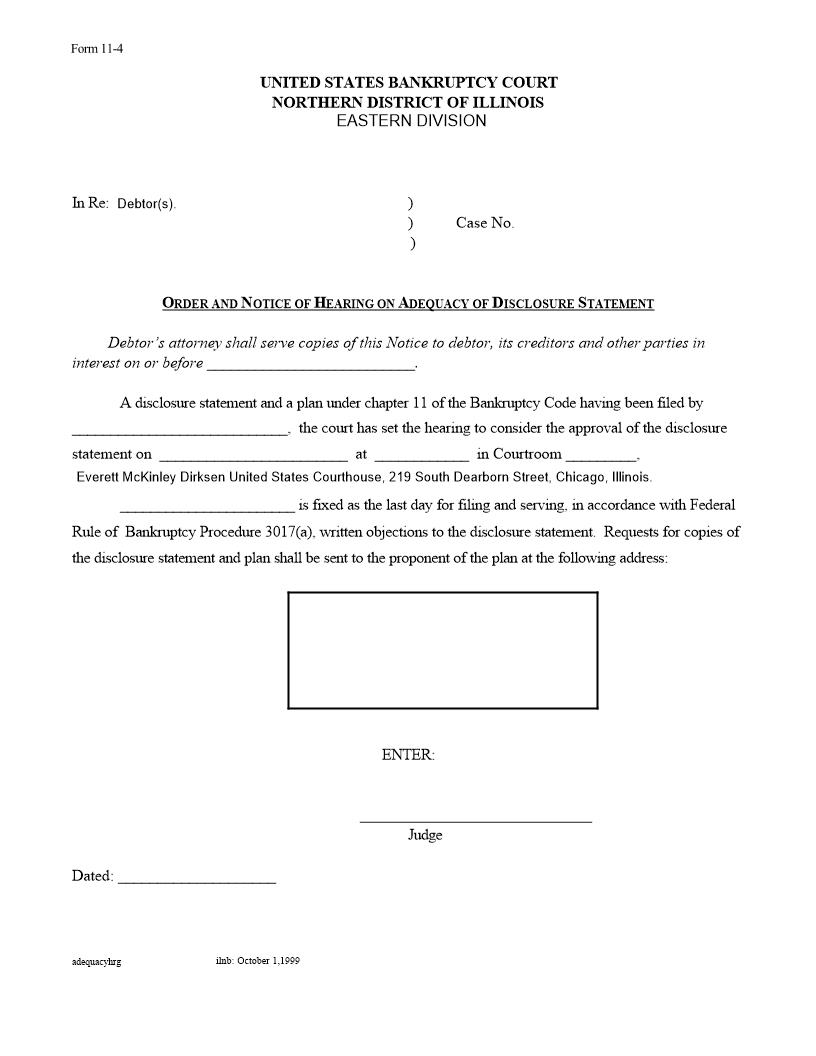 Order And Notice Of Hearing On Adequacy Of Disclosure Statement {11-4} | Pdf Fpdf Docx | Illinois