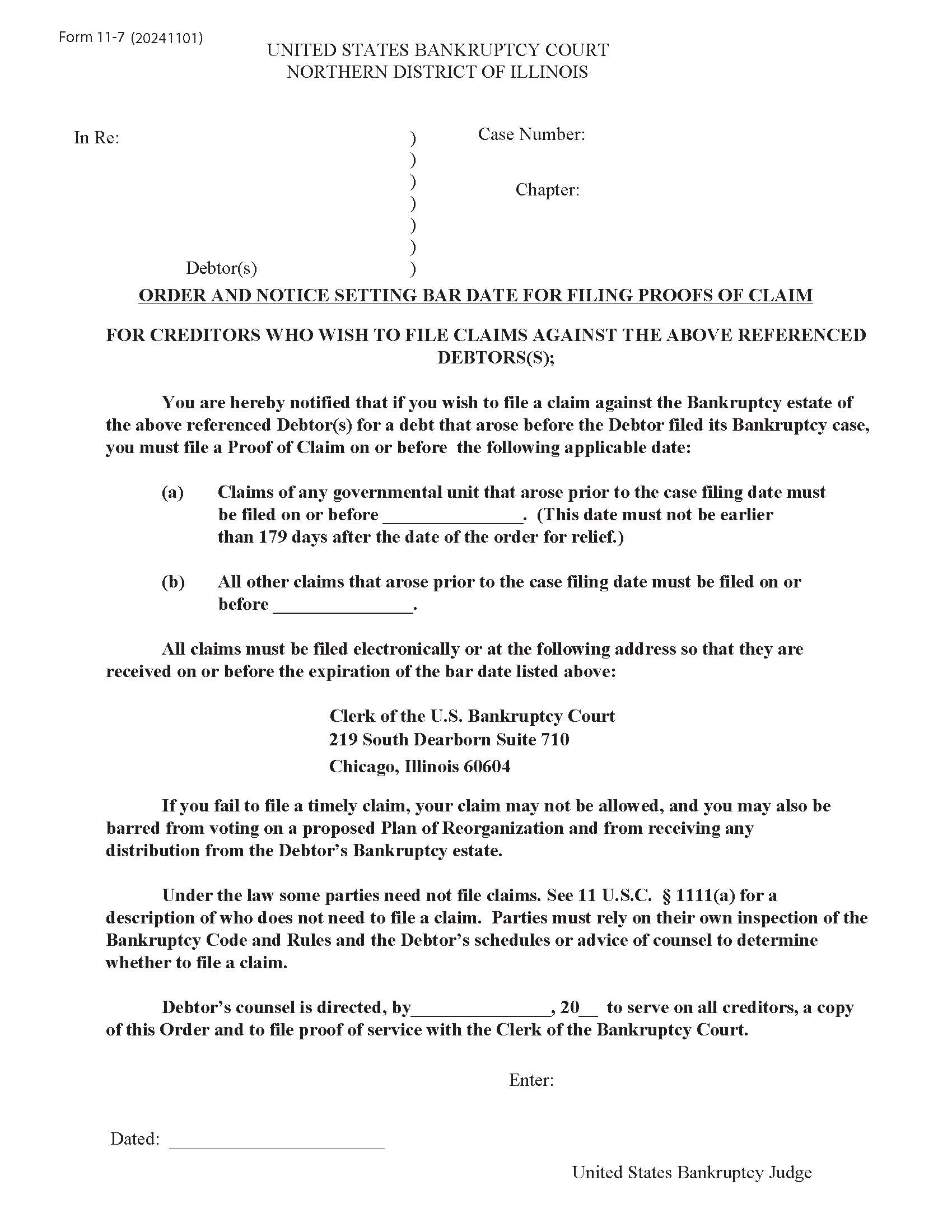 Order And Notice Setting Bar Date For Proofs Of Claim {11-7} | Pdf Fpdf Docx | Illinois