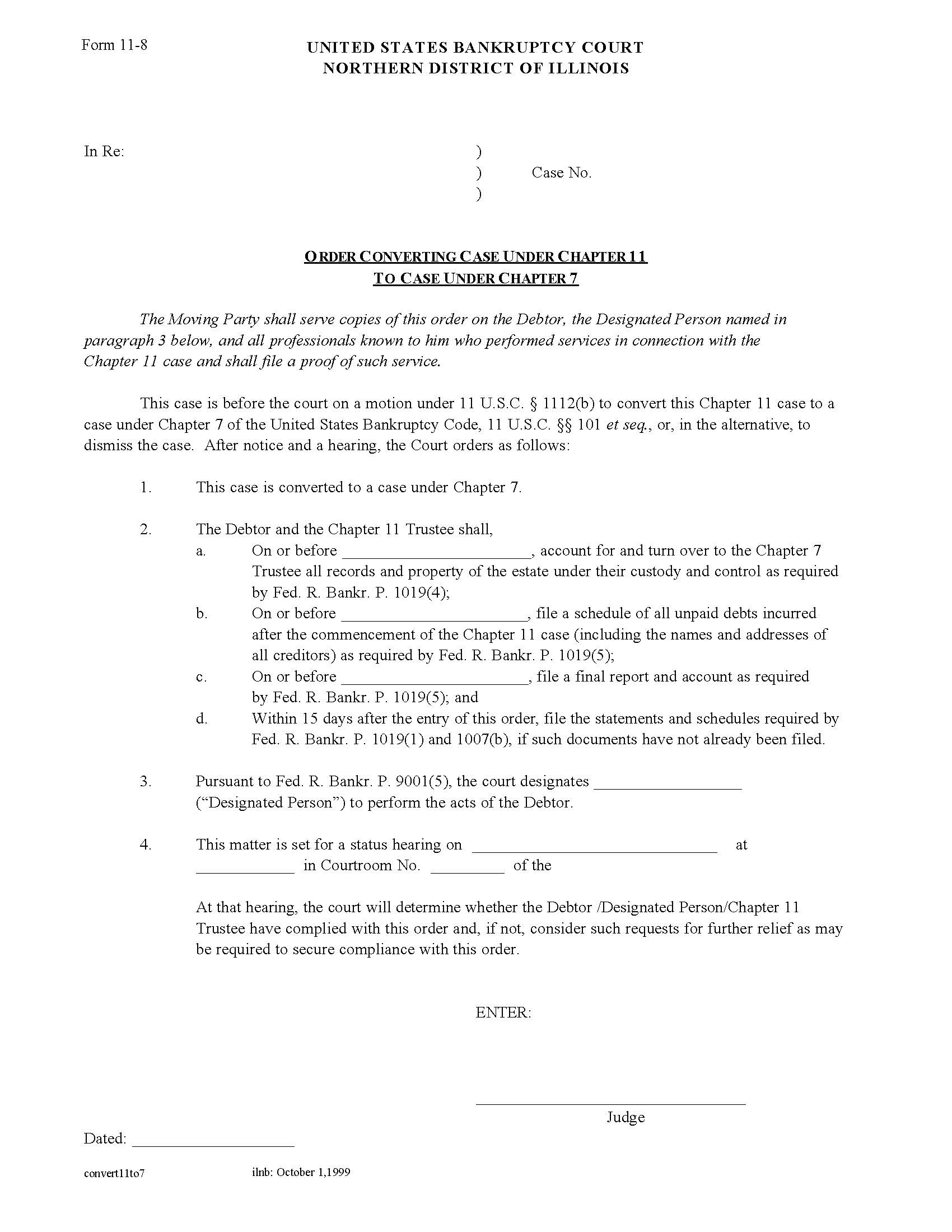 Order Converting Case Under Chapter 11 To Case Under Chapter 7 {11-8} | Pdf Fpdf Docx | Illinois