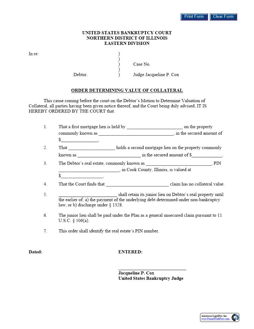 Order Determining Value Of Collateral (Judge Cox) | Pdf Fpdf Docx | Illinois