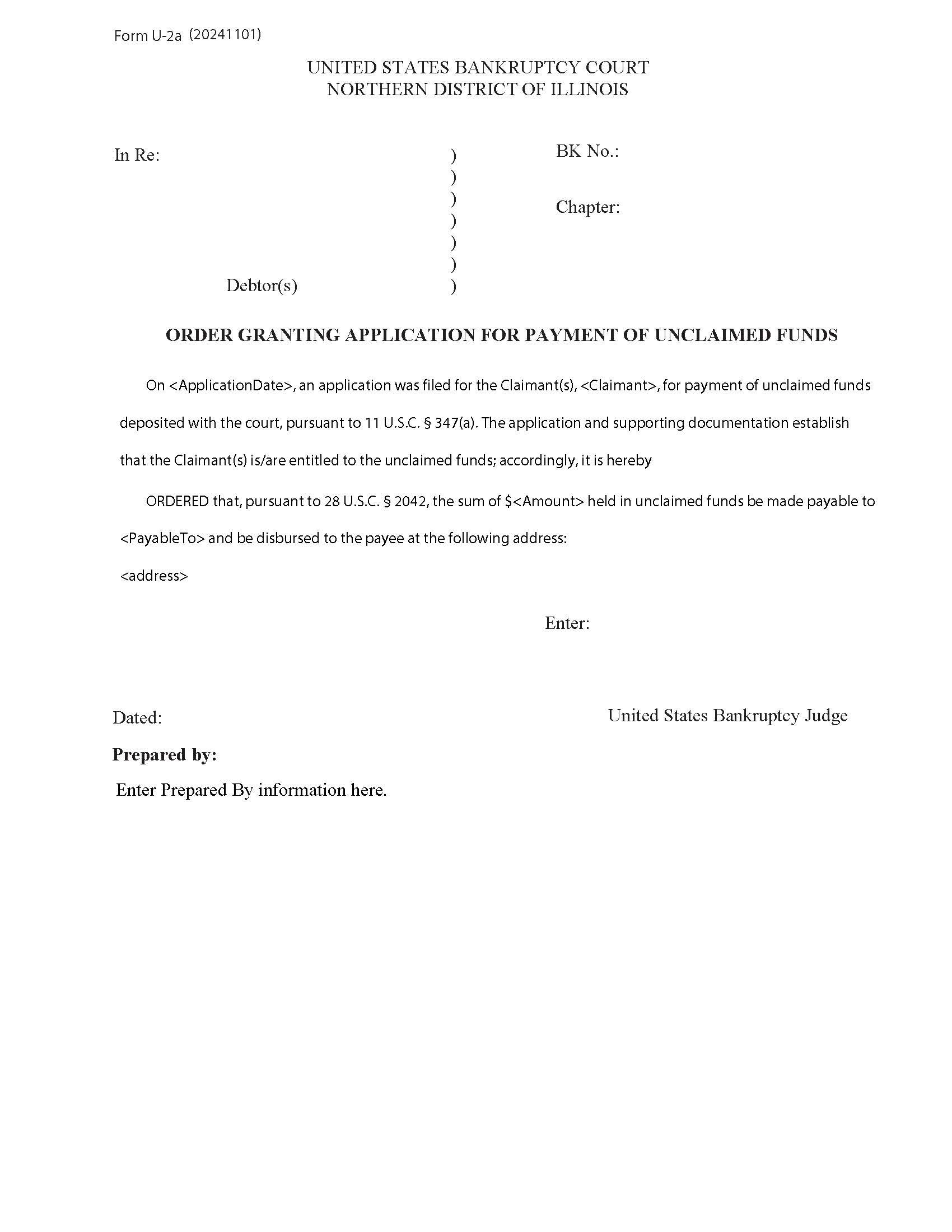 Order Granting Application For Payment Of Unclaimed Funds {U-2a} | Pdf Fpdf Docx | Illinois