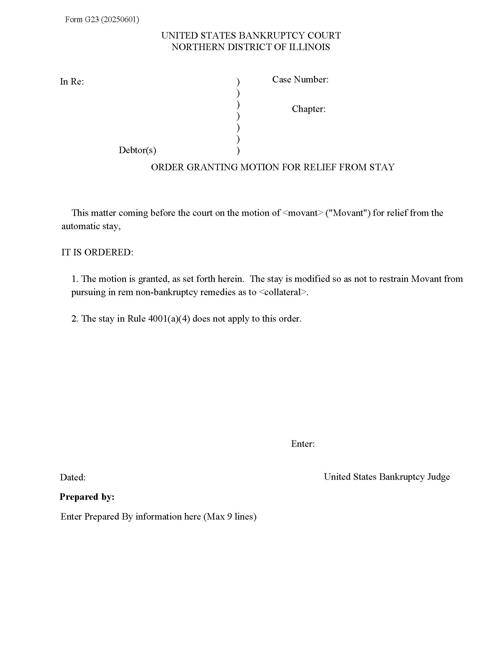 Order Granting Motion For Relief From Stay {G23} | Pdf Fpdf Docx | Illinois