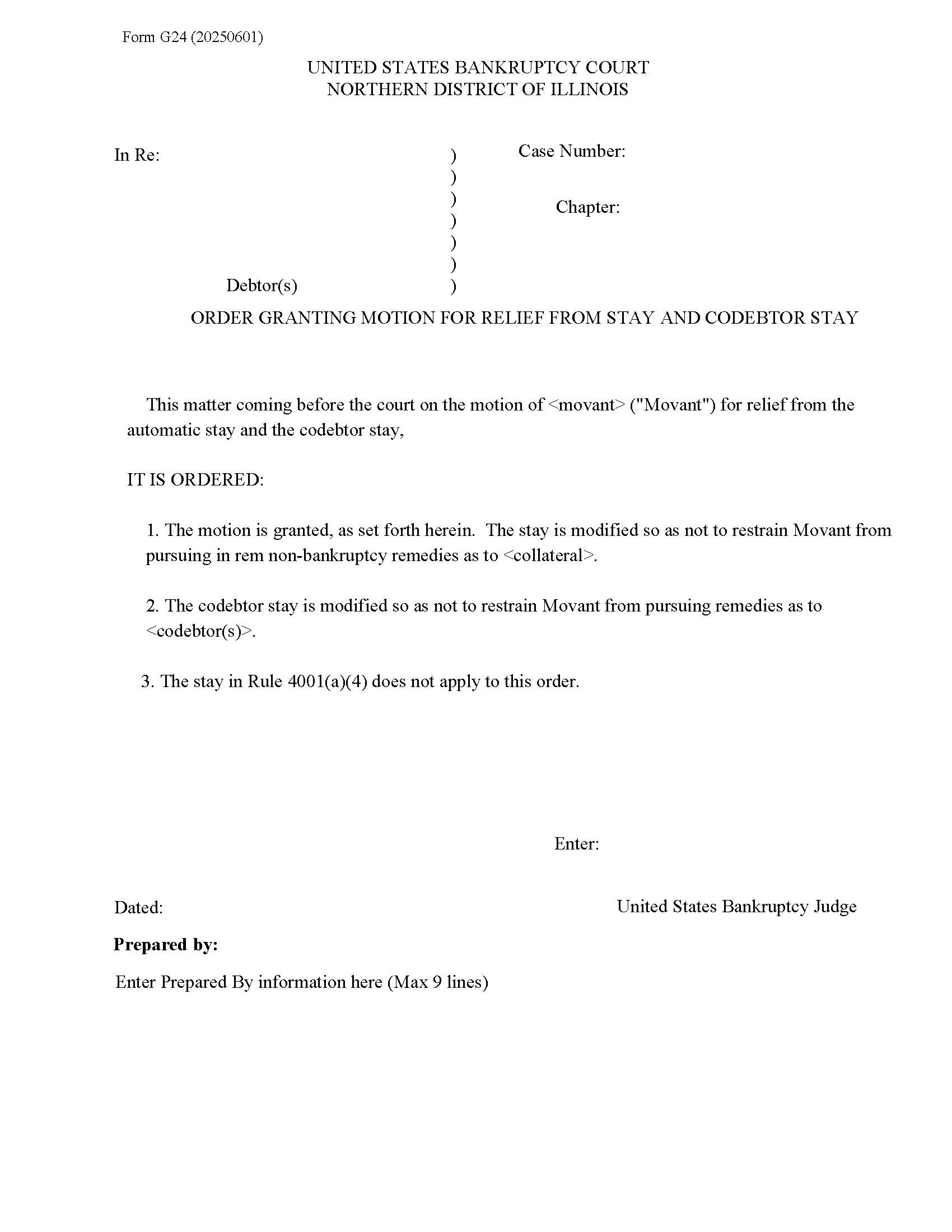 Order Granting Motion For Relief From Stay And Codebtor Stay {G24} | Pdf Fpdf Docx | Illinois