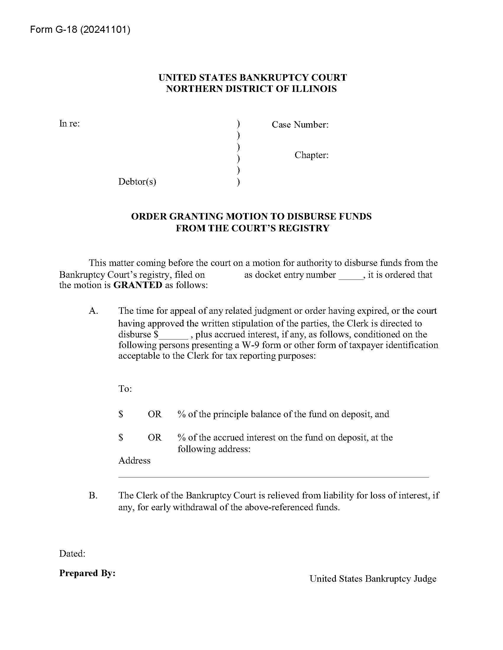 Order Granting Motion To Disburse Funds From The Courts Registry {G-18} | Pdf Fpdf Docx | Illinois