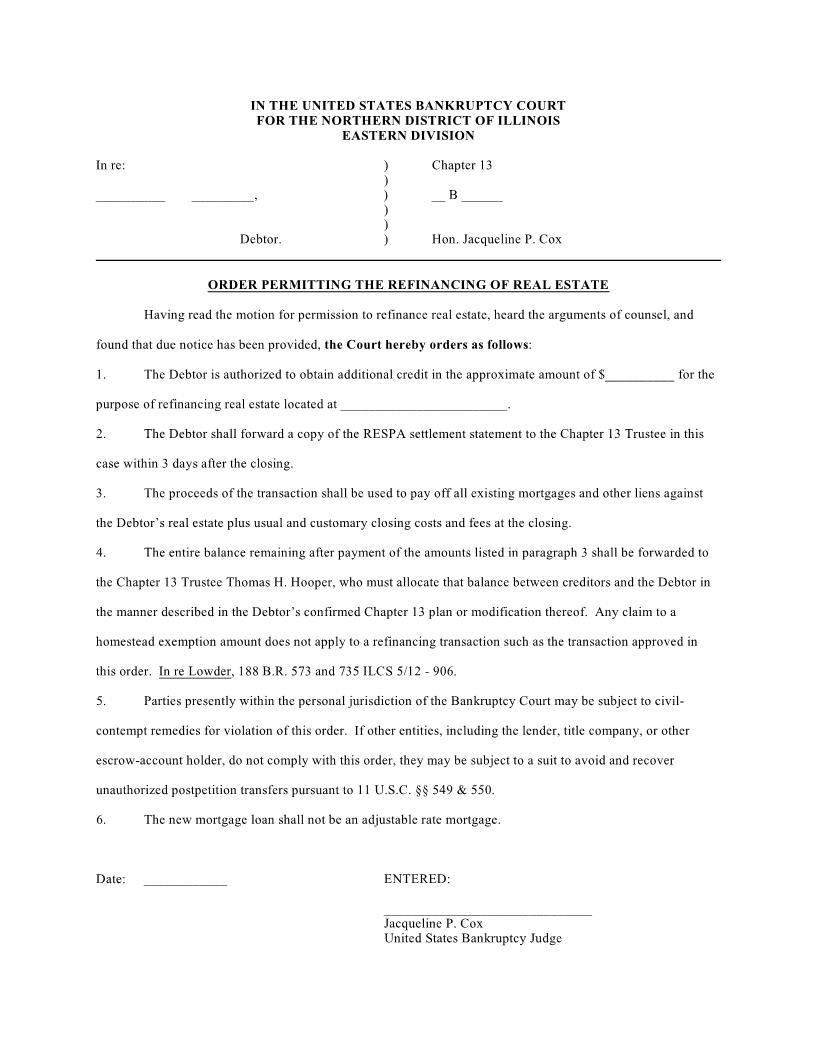 Order Permitting The Refinancing Of Real Estate (Judge Cox) | Pdf Fpdf Doc Docx | Illinois