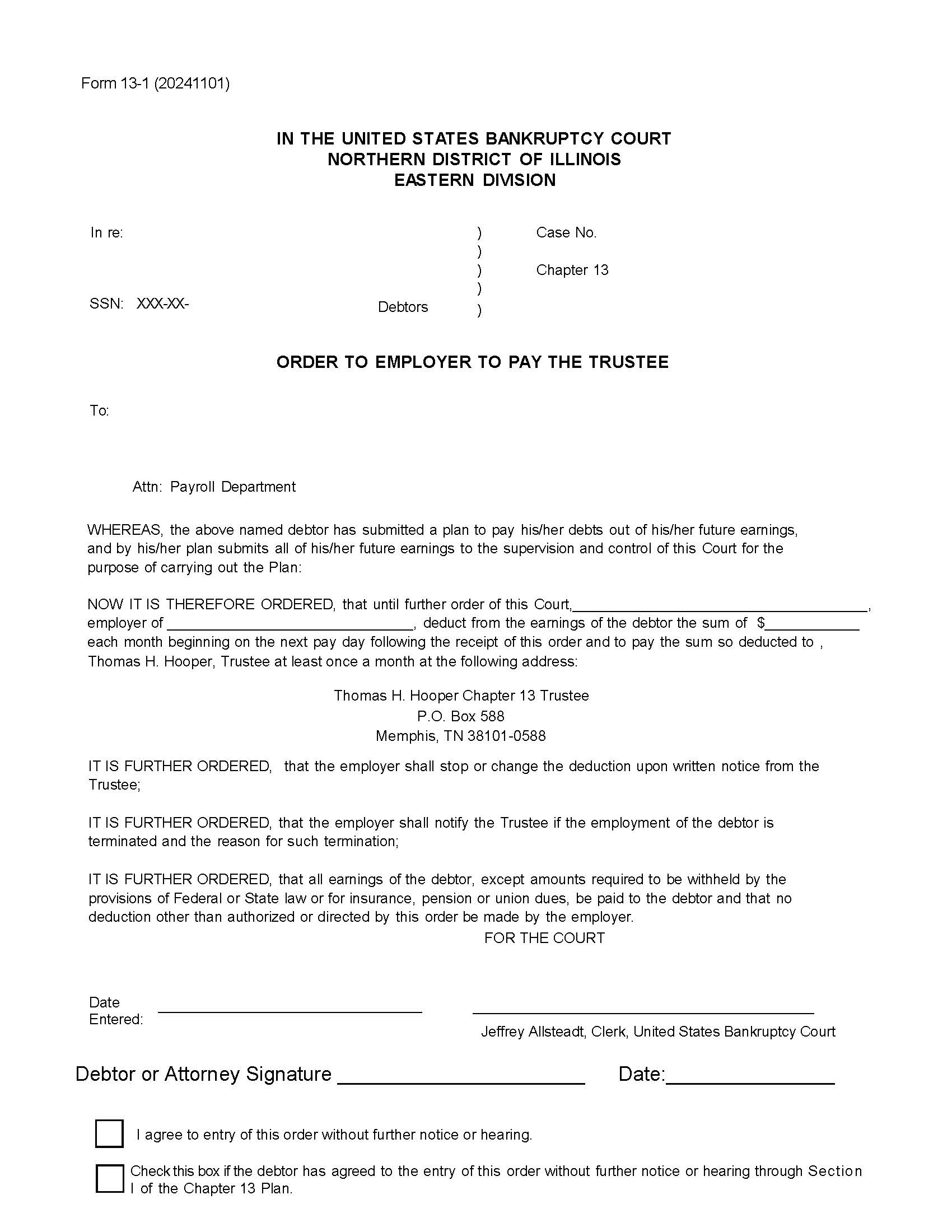 Order To Employer To Pay Trustee {ILNB 13-1} | Pdf Fpdf Docx | Illinois