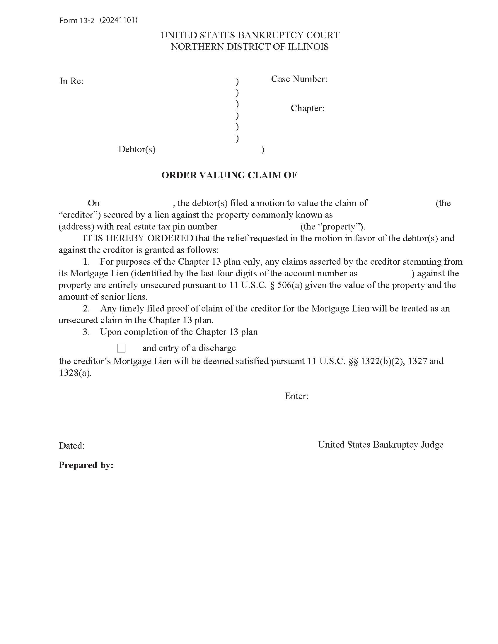 Order Valuing Claim Of (Creditor) {13-2} | Pdf Fpdf Docx | Illinois
