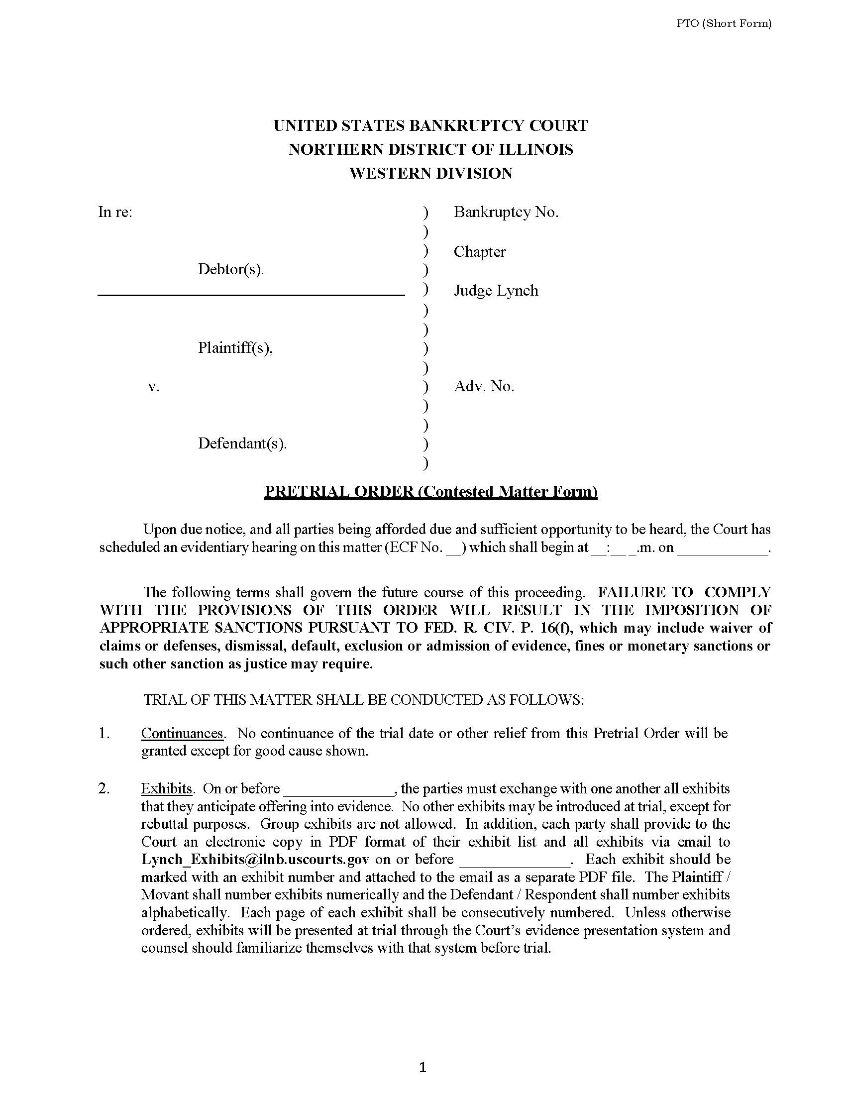 Pretrial Order (Contested Matter Form - Short Form - Judge Lynch) | Pdf Fpdf Docx | Illinois