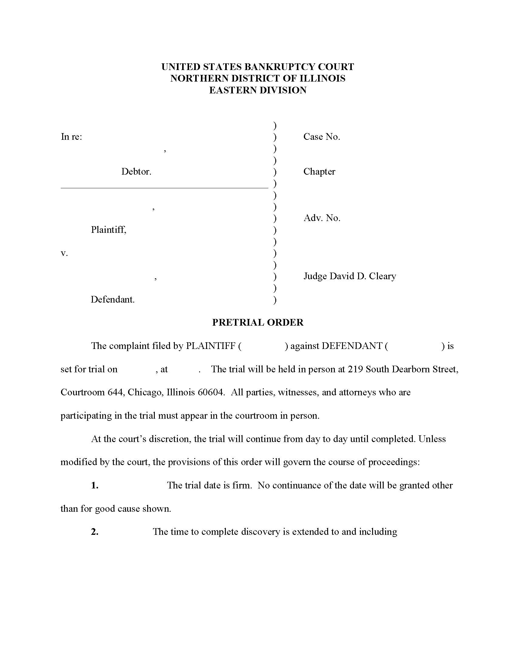 Pretrial Order (Judge Cleary) | Pdf Fpdf Docx | Illinois